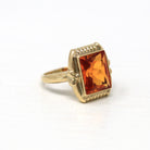 Created Orange Sapphire Ring - Retro Era 10k Yellow Gold Rectangular Faceted 3.95 CT Stone - Vintage Circa 1940s Size 3 Fine Jewelry