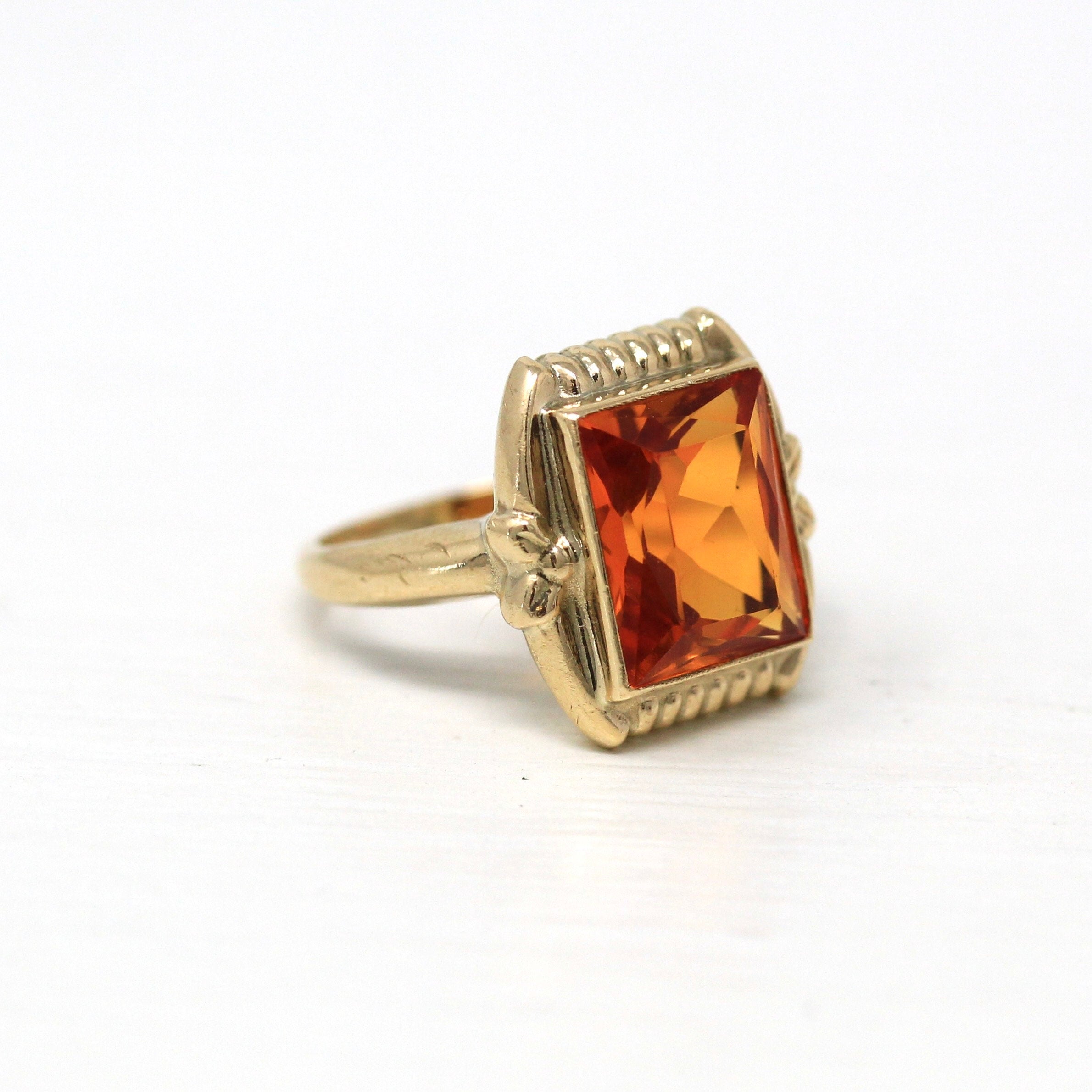 Created Orange Sapphire Ring - Retro Era 10k Yellow Gold Rectangular Faceted 3.95 CT Stone - Vintage Circa 1940s Size 3 Fine Jewelry