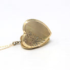 Vintage Heart Locket - Retro 12k Gold Filled Engraved Flower Leafy Designs Pendant Necklace - Circa 1940s Floral Keepsake Statement Jewelry