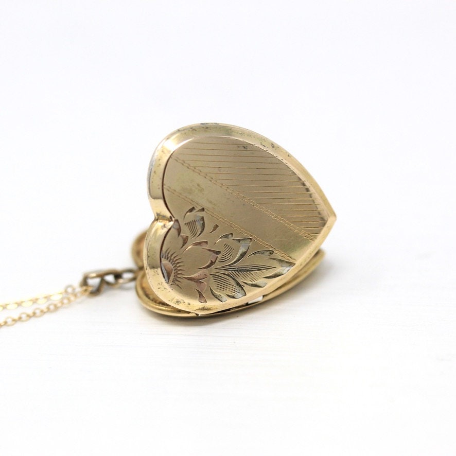 Vintage Heart Locket - Retro 12k Gold Filled Engraved Flower Leafy Designs Pendant Necklace - Circa 1940s Floral Keepsake Statement Jewelry