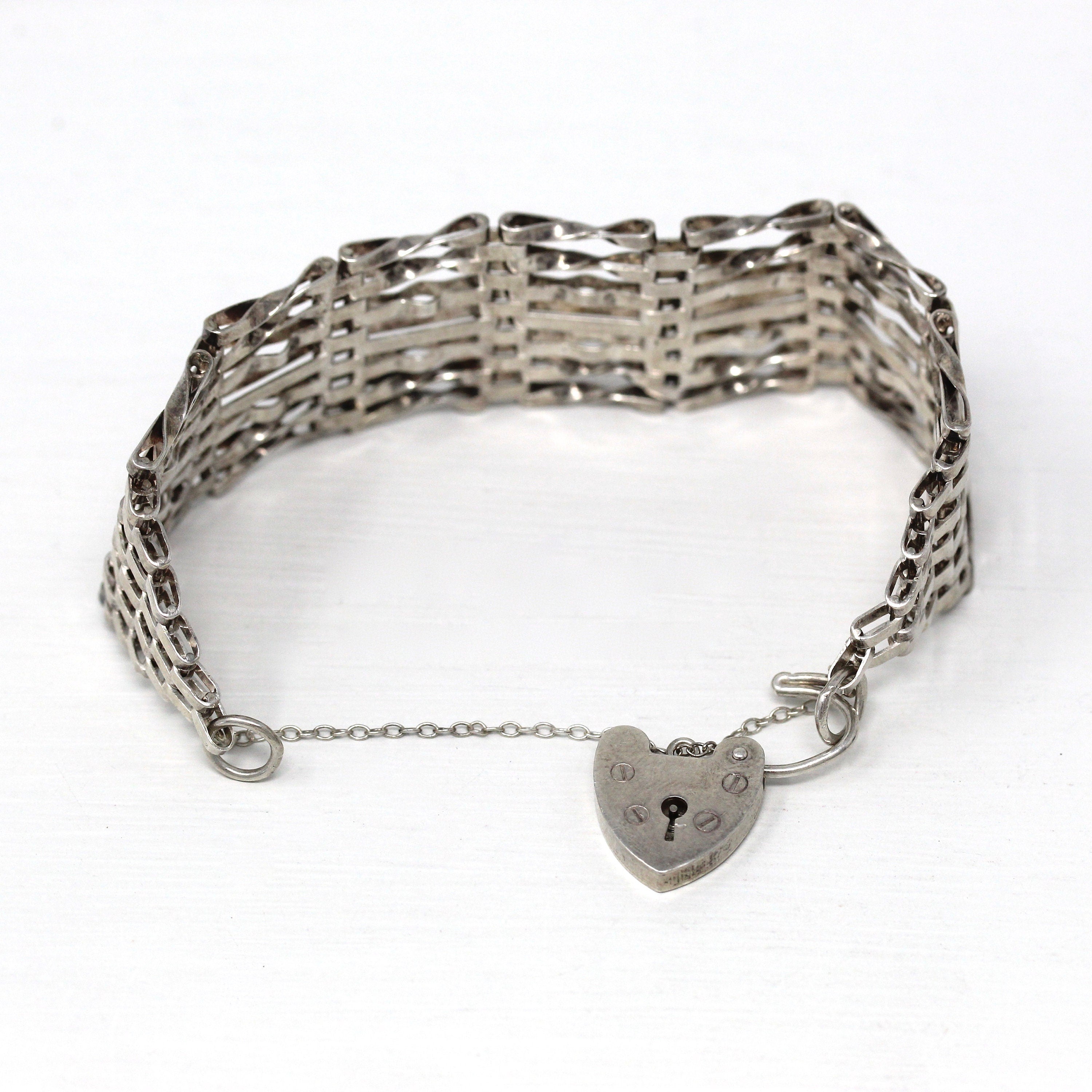 Vintage Padlock Bracelet - Estate Sterling Silver Heart Shaped Charm Key Hole - Hallmarked 1980 Gate Link Style Chain London England Jewelry