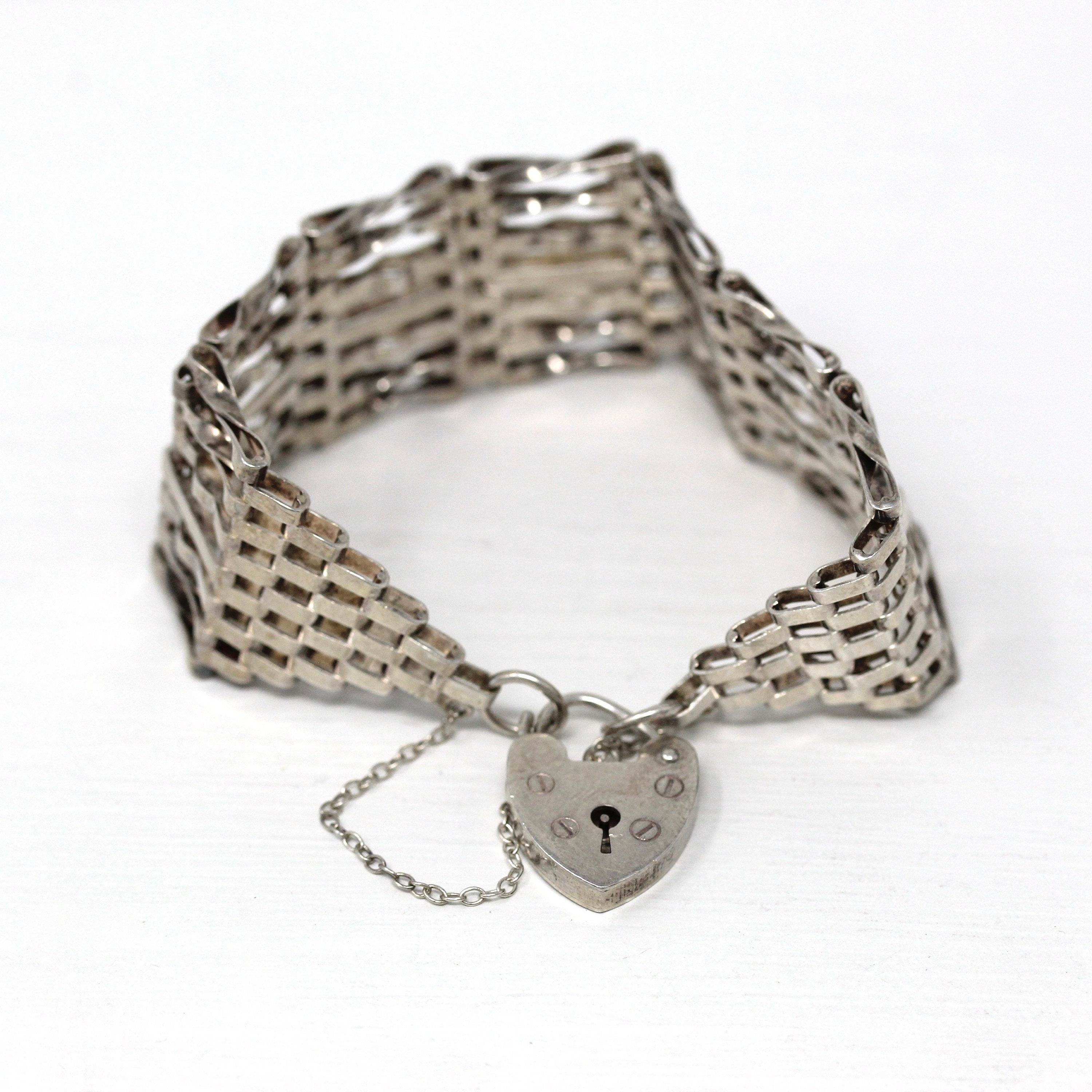 Vintage Padlock Bracelet - Estate Sterling Silver Heart Shaped Charm Key Hole - Hallmarked 1980 Gate Link Style Chain London England Jewelry