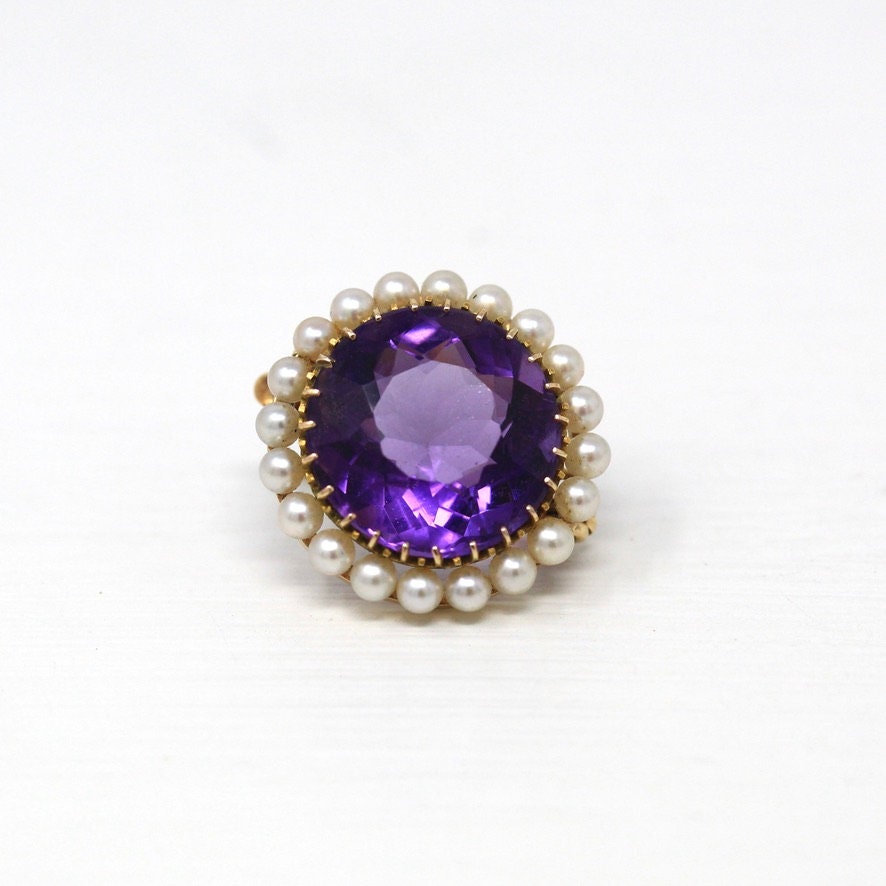 Genuine Amethyst Brooch - Edwardian 14k Yellow Gold Round Faceted 11.41 CT Cultured Pearls Pin - Antique Circa 1900s Era Fine Jewelry