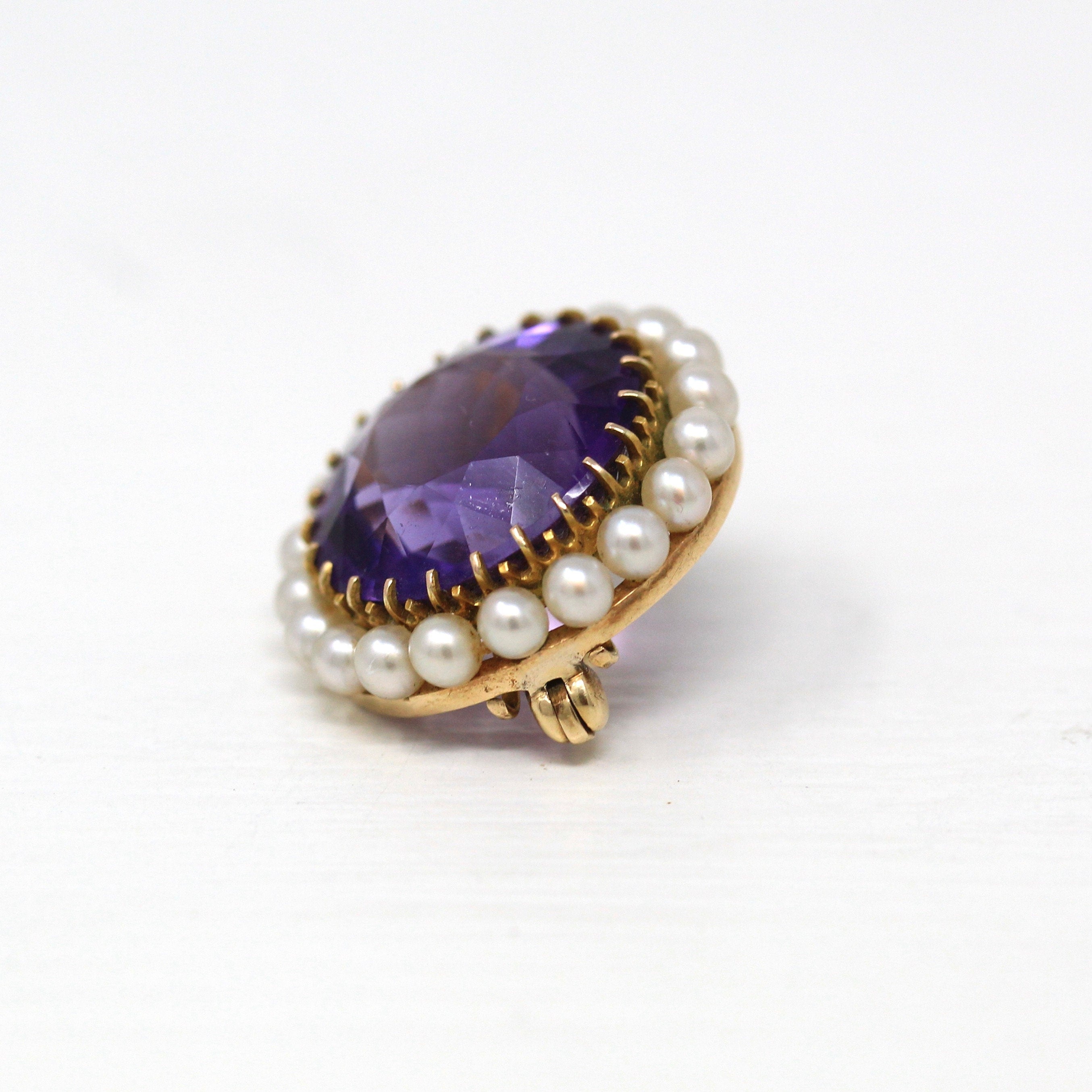 Genuine Amethyst Brooch - Edwardian 14k Yellow Gold Round Faceted 11.41 CT Cultured Pearls Pin - Antique Circa 1900s Era Fine Jewelry