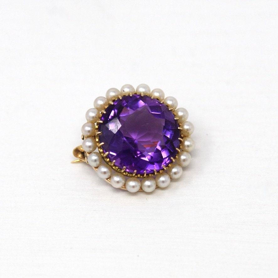 Genuine Amethyst Brooch - Edwardian 14k Yellow Gold Round Faceted 11.41 CT Cultured Pearls Pin - Antique Circa 1900s Era Fine Jewelry