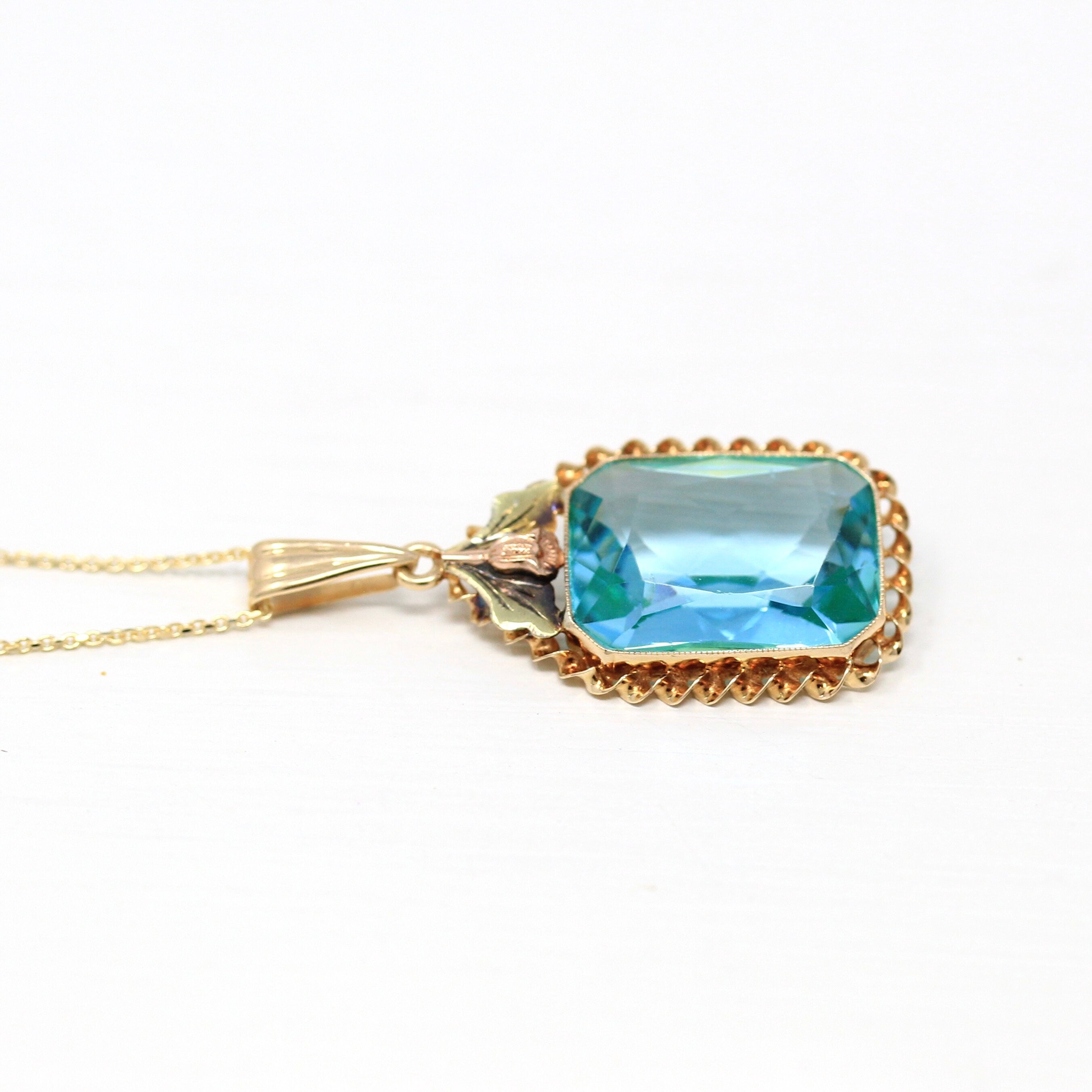 Simulated Topaz Necklace - Retro 10k Yellow Gold Emerald Cut Blue Glass Pendant - Vintage Circa 1940s Era Rose Gold Flower Fine BDA Jewelry