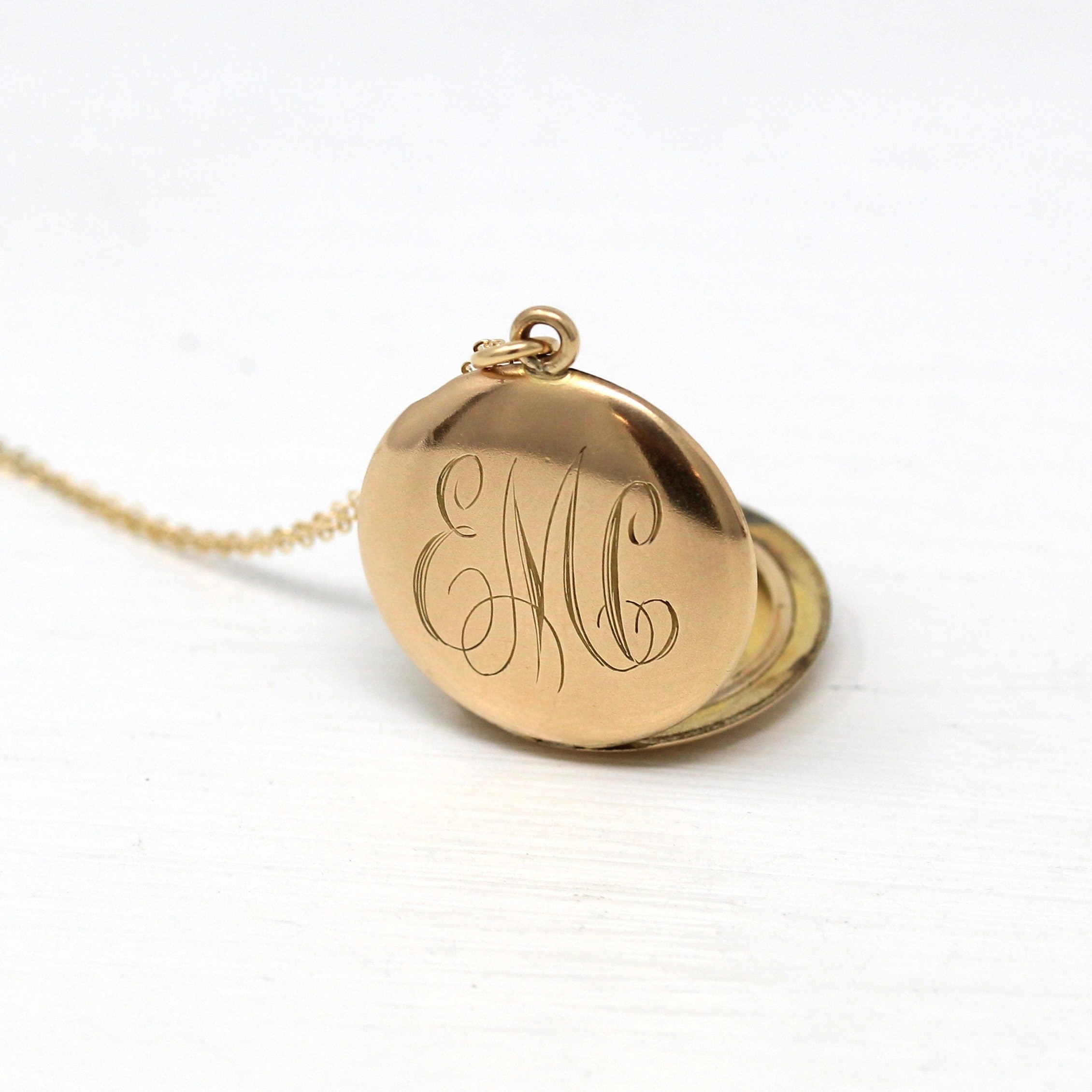 Monogrammed "EMC" Locket - Antique Gold Filled Engraved Initials Round Pendant Necklace - Edwardian Circa 1910s Era Photos W&H Co Jewelry