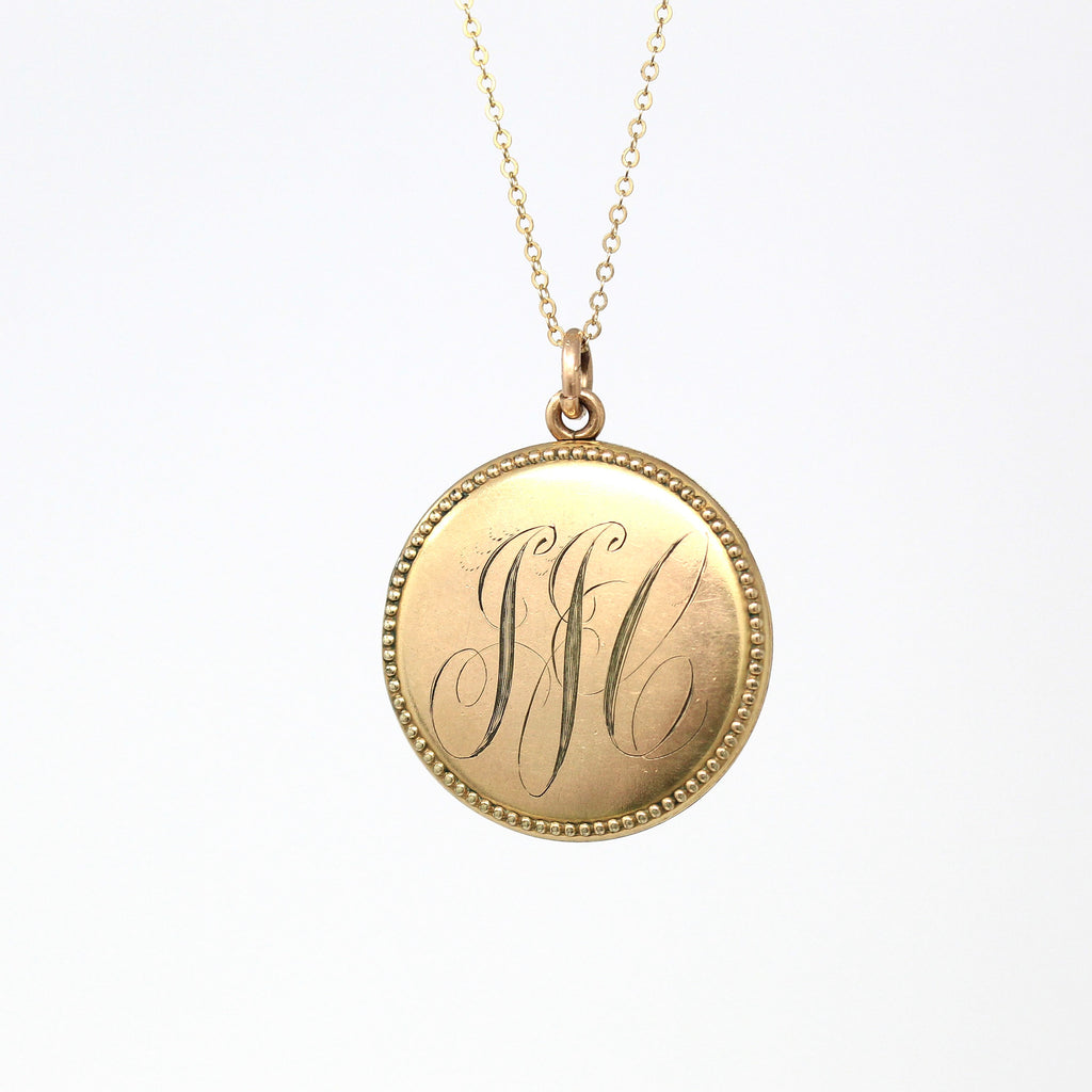 Monogrammed "JJC" Locket - Antique Gold Filled Engraved Initials Round Pendant Necklace - Edwardian Circa 1910s Era Photographs Fob Jewelry