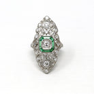 Antique Shield Ring - Vintage Art Deco Platinum 1.21 CTW Diamond Statement - Simulated Emeralds 1920s Size 5.5 Wedding Jewelry W/ Report