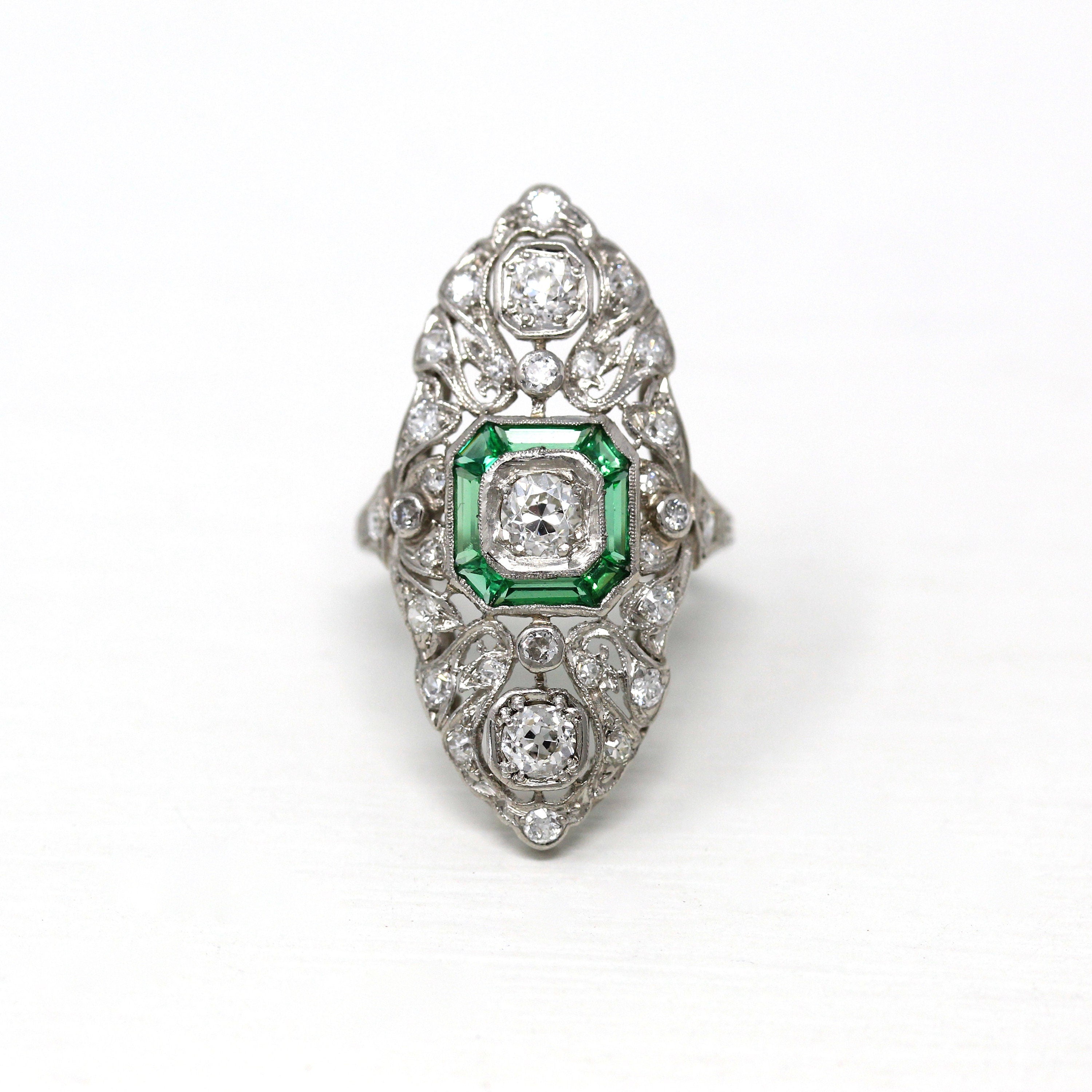 Antique Shield Ring - Vintage Art Deco Platinum 1.21 CTW Diamond Statement - Simulated Emeralds 1920s Size 5.5 Wedding Jewelry W/ Report