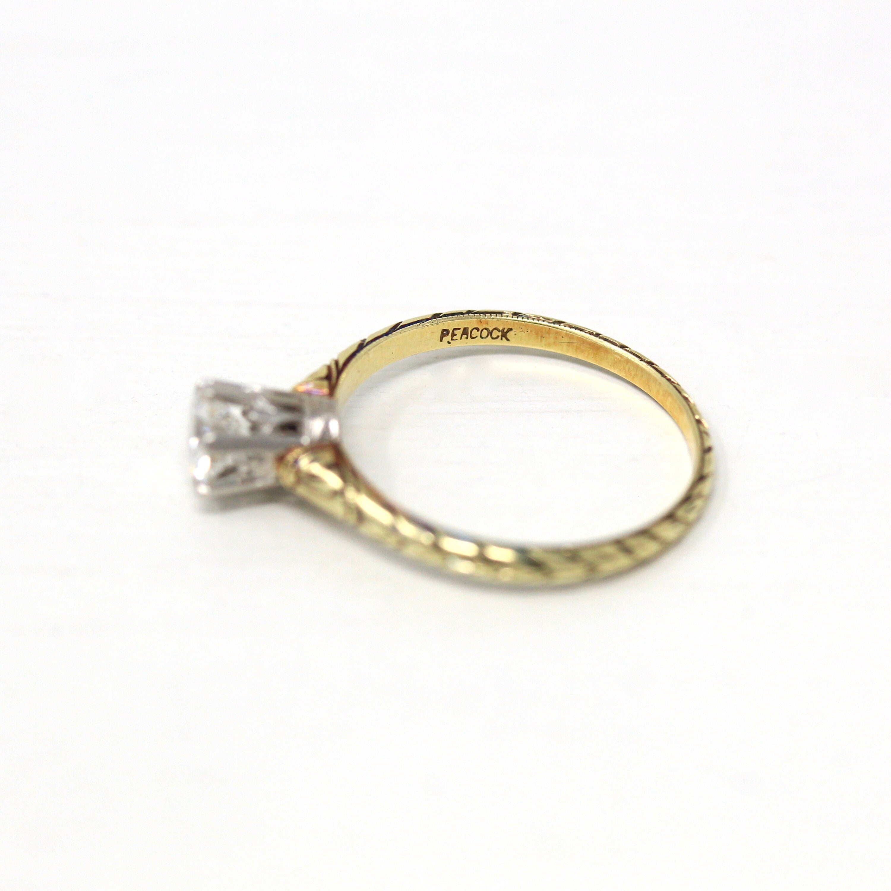 Vintage Engagement Ring - 15k Yellow Gold & Platinum .45 CT Old European Diamond Solitaire - Size 7 1/2 Art Deco 1930s Report Fine Jewelry