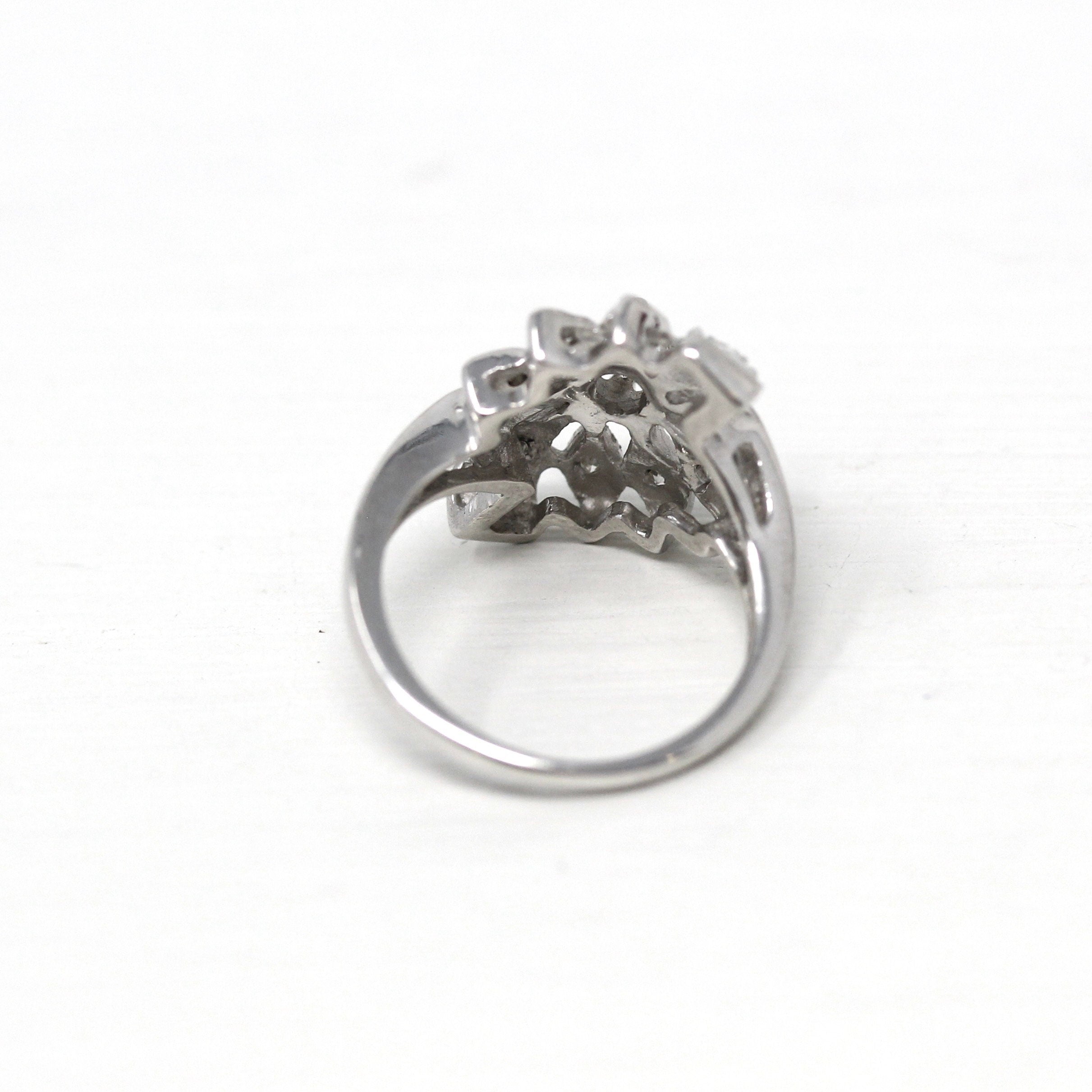 Mid Century Ring - Vintage 14k White Gold Genuine .23 CTW Diamond Flower Cluster Statement - Circa 1950s Era Size 4 Cocktail Fine Jewelry