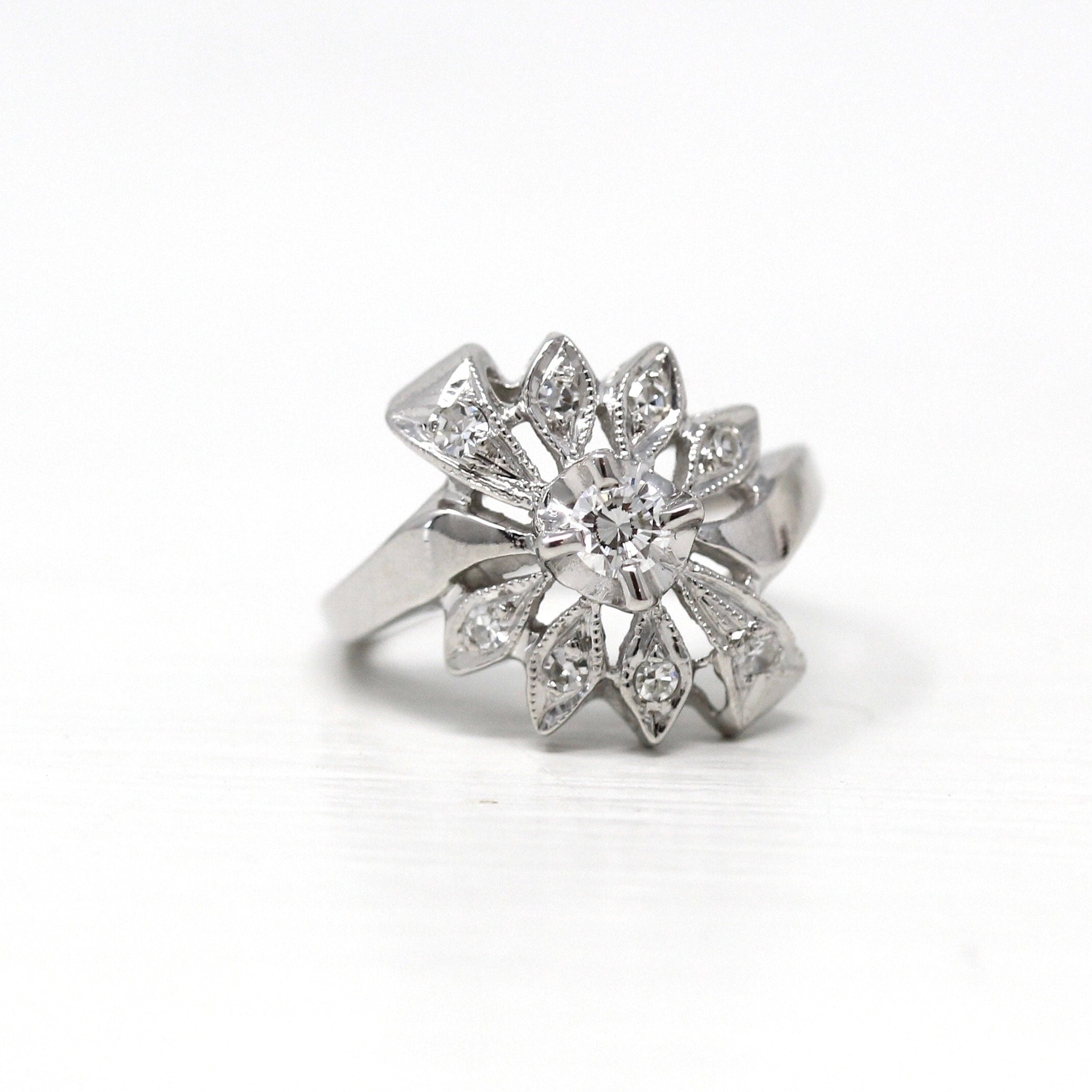 Mid Century Ring - Vintage 14k White Gold Genuine .23 CTW Diamond Flower Cluster Statement - Circa 1950s Era Size 4 Cocktail Fine Jewelry