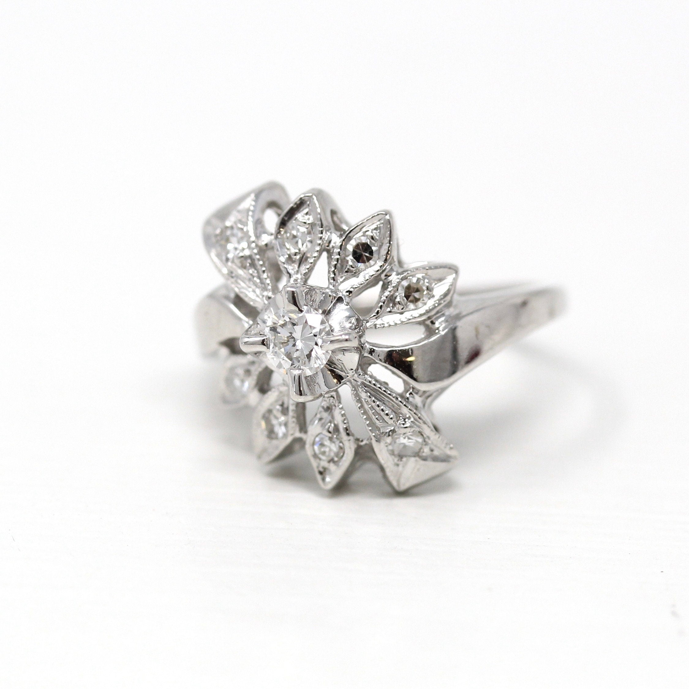 Mid Century Ring - Vintage 14k White Gold Genuine .23 CTW Diamond Flower Cluster Statement - Circa 1950s Era Size 4 Cocktail Fine Jewelry