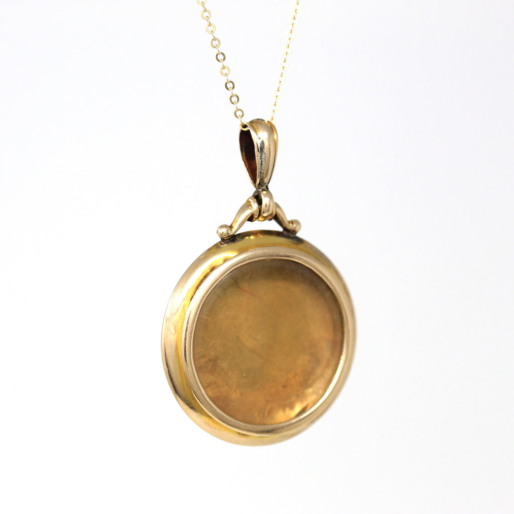 Antique Locket Fob - Edwardian Hallmarked 1903 9K Yellow Gold Glass Pendant Necklace - Vintage English Keepsake Charm Fine Shaker Jewelry