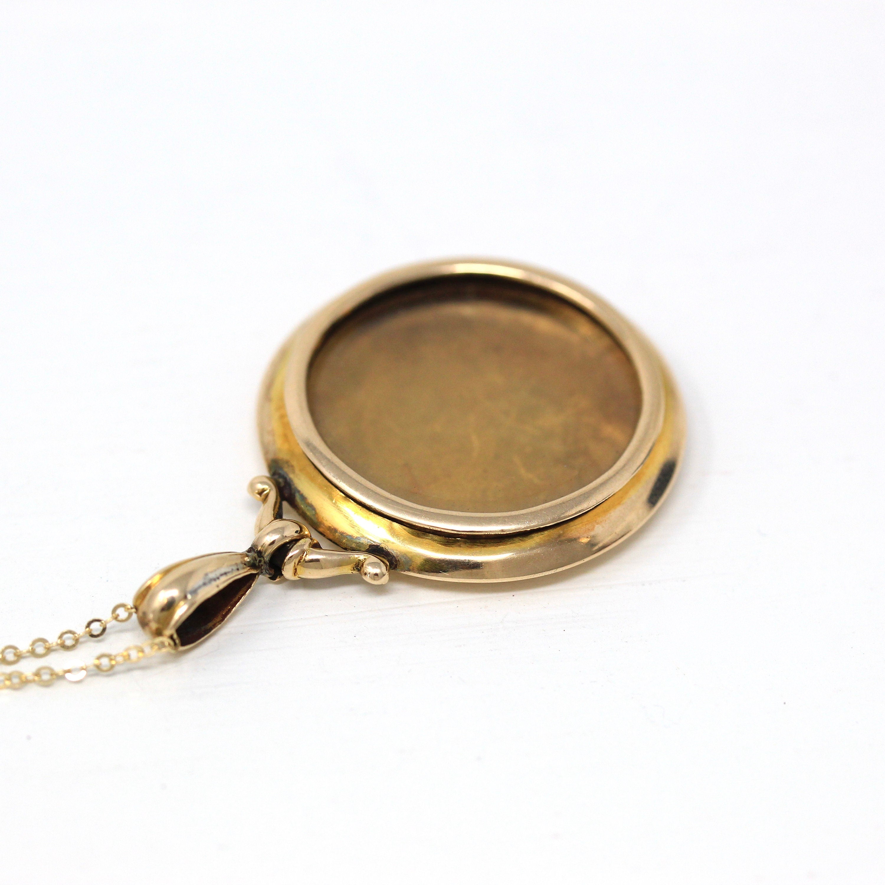 Antique Locket Fob - Edwardian Hallmarked 1903 9K Yellow Gold Glass Pendant Necklace - Vintage English Keepsake Charm Fine Shaker Jewelry