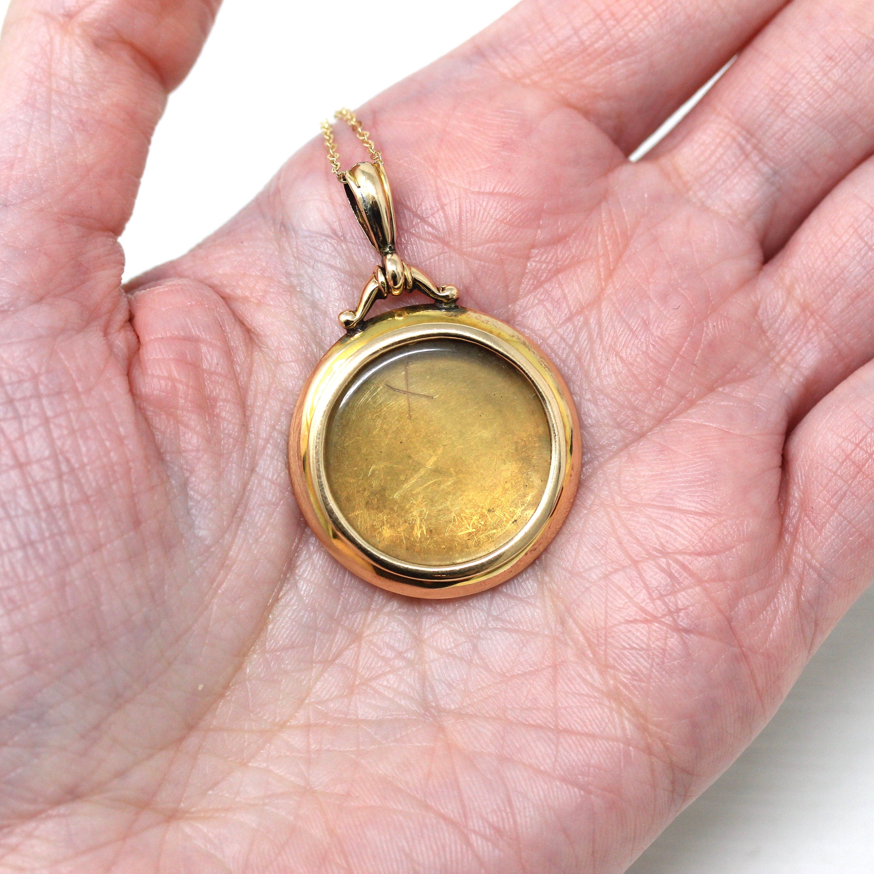 Antique Locket Fob - Edwardian Hallmarked 1903 9K Yellow Gold Glass Pendant Necklace - Vintage English Keepsake Charm Fine Shaker Jewelry