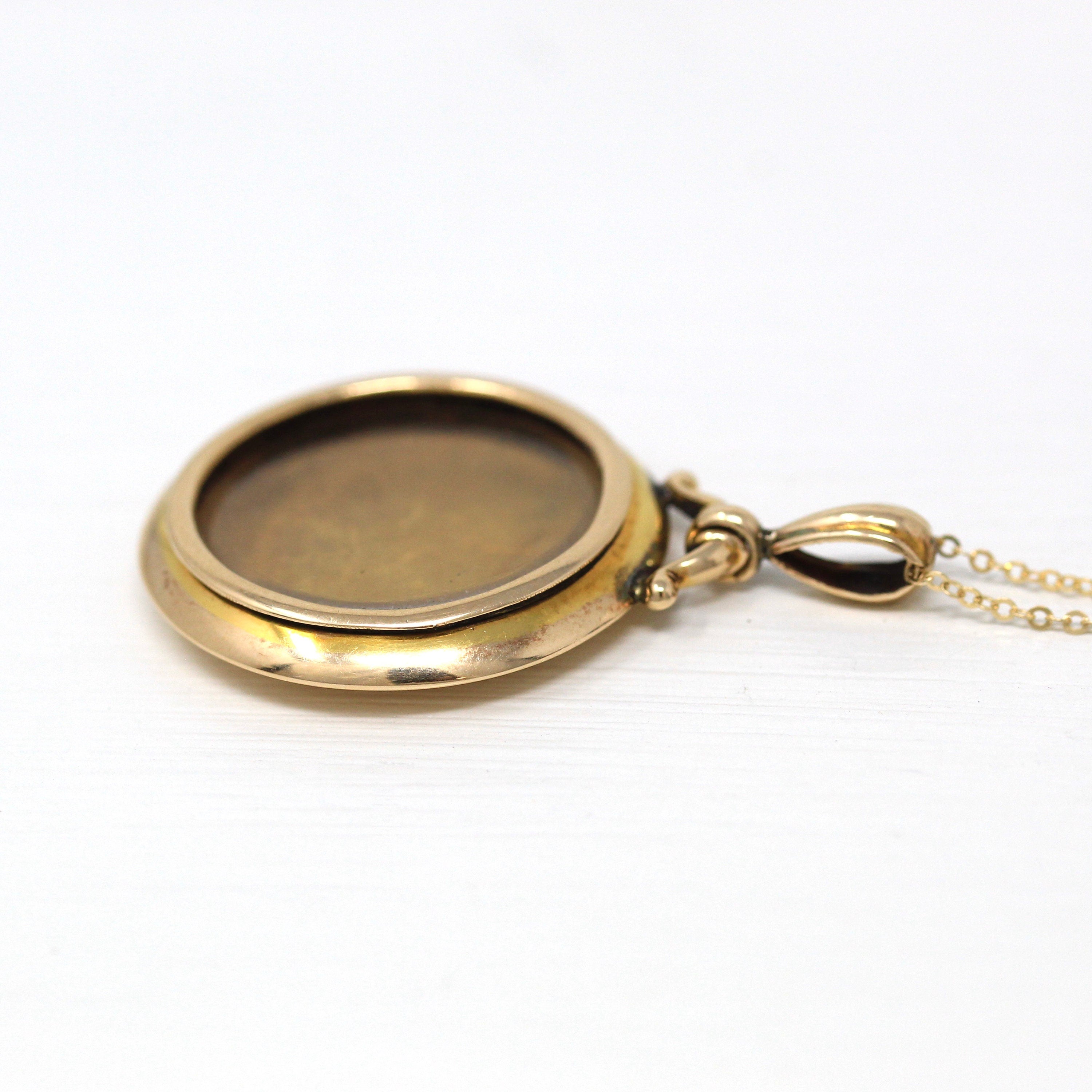 Antique Locket Fob - Edwardian Hallmarked 1903 9K Yellow Gold Glass Pendant Necklace - Vintage English Keepsake Charm Fine Shaker Jewelry