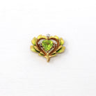 Peridot Heart Brooch - Art Nouveau 14k Yellow Gold Enamel Diamond Lapel Watch Pin Holder - Antique Circa 1900s Era Fashion Accessory Jewelry