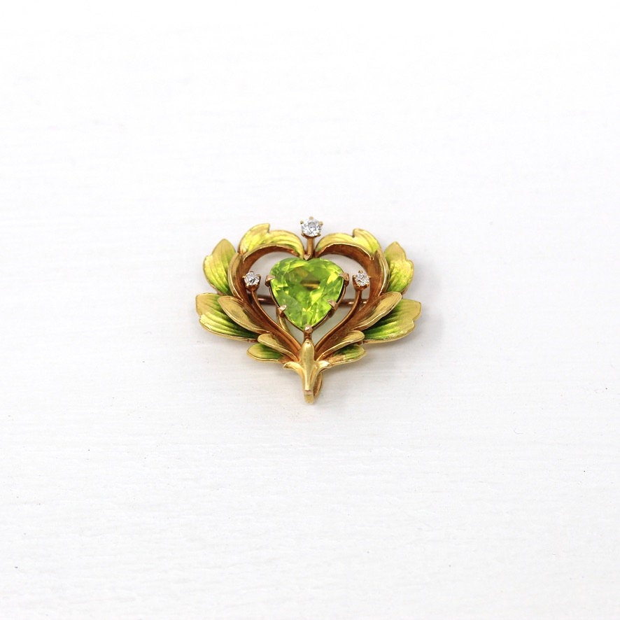 Peridot Heart Brooch - Art Nouveau 14k Yellow Gold Enamel Diamond Lapel Watch Pin Holder - Antique Circa 1900s Era Fashion Accessory Jewelry