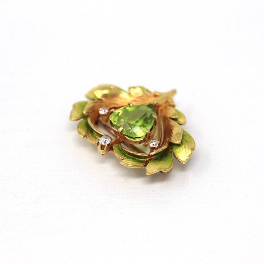 Peridot Heart Brooch - Art Nouveau 14k Yellow Gold Enamel Diamond Lapel Watch Pin Holder - Antique Circa 1900s Era Fashion Accessory Jewelry