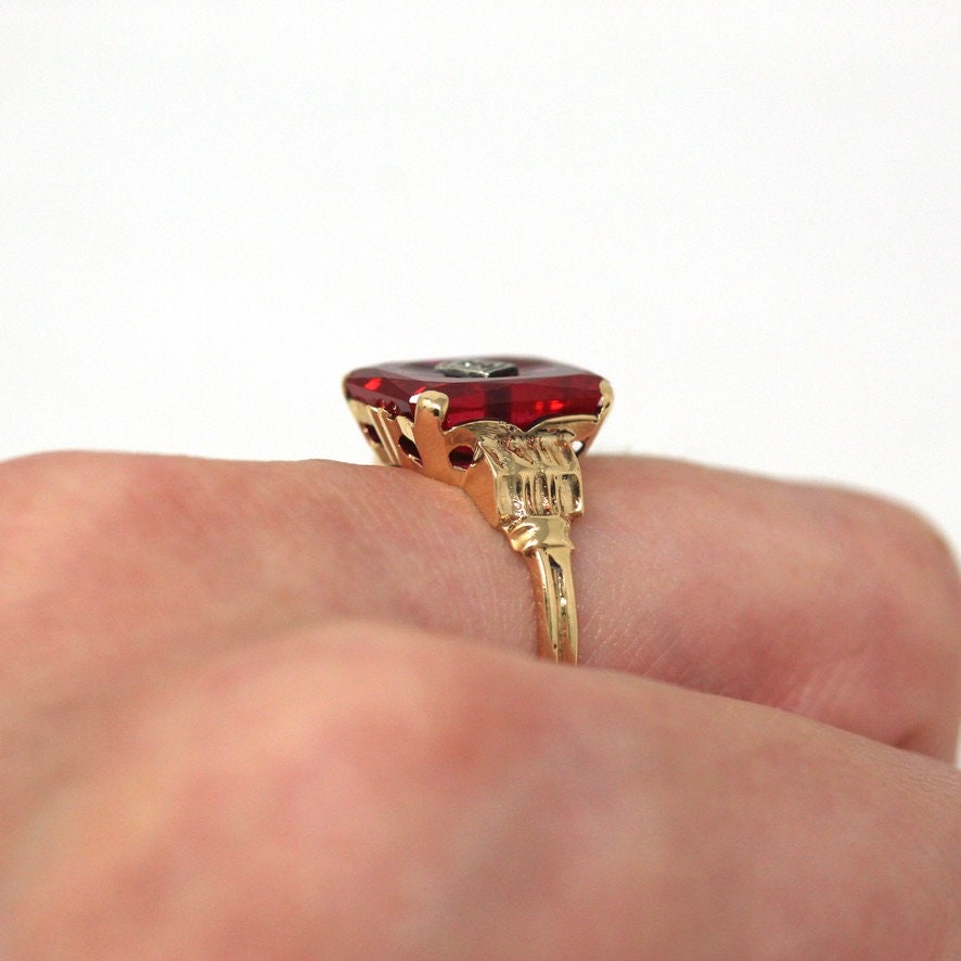 Vintage Created Ruby Ring - Retro 10k Yellow Gold Genuine Diamond July Birthstone Statement - Circa 1940s Era Size 6 1/4 Statement Jewelry