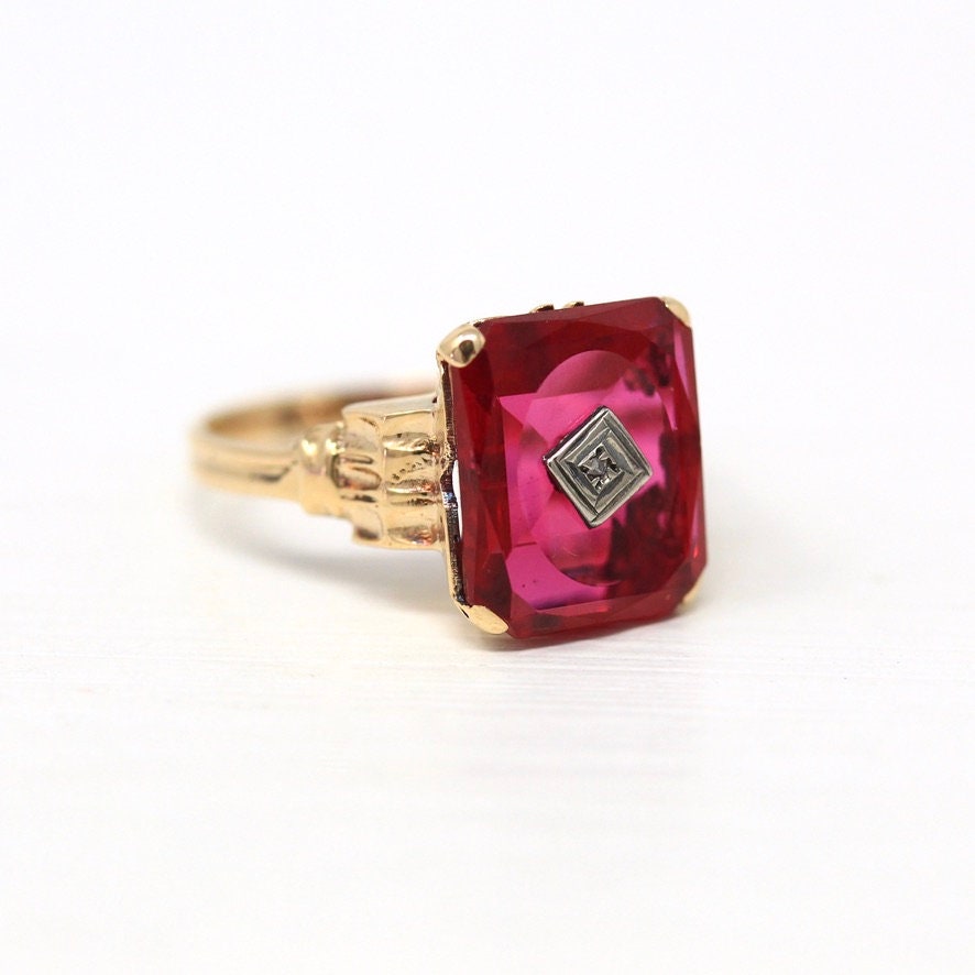 Vintage Created Ruby Ring - Retro 10k Yellow Gold Genuine Diamond July Birthstone Statement - Circa 1940s Era Size 6 1/4 Statement Jewelry