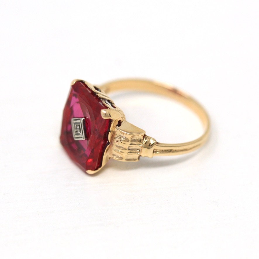 Vintage Created Ruby Ring - Retro 10k Yellow Gold Genuine Diamond July Birthstone Statement - Circa 1940s Era Size 6 1/4 Statement Jewelry