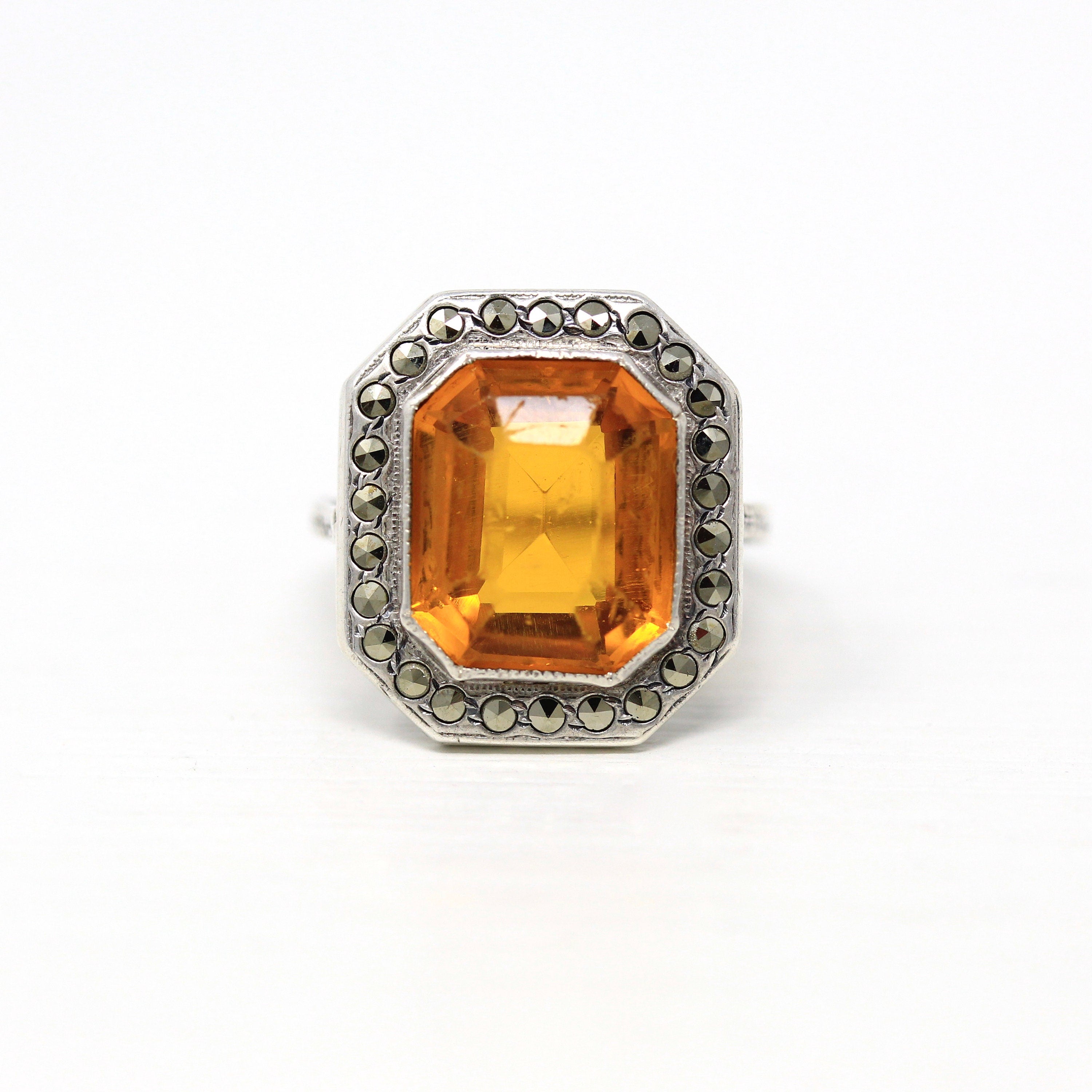 Art Deco Ring - Vintage Sterling Silver Orange Glass Genuine Marcasite - 1930s Era Size 5 Simulated Citrine Shield Style Flapper Jewelry