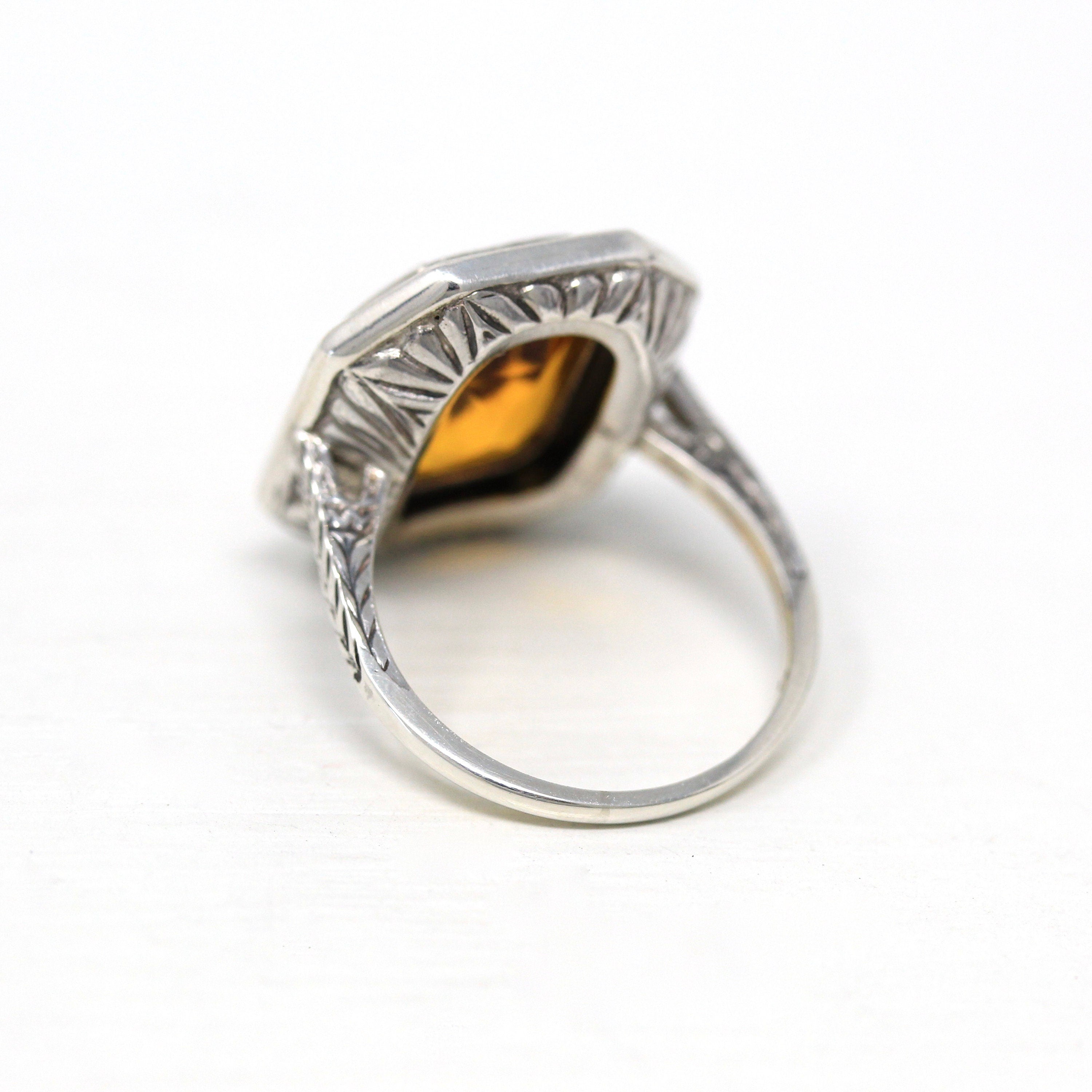 Art Deco Ring - Vintage Sterling Silver Orange Glass Genuine Marcasite - 1930s Era Size 5 Simulated Citrine Shield Style Flapper Jewelry