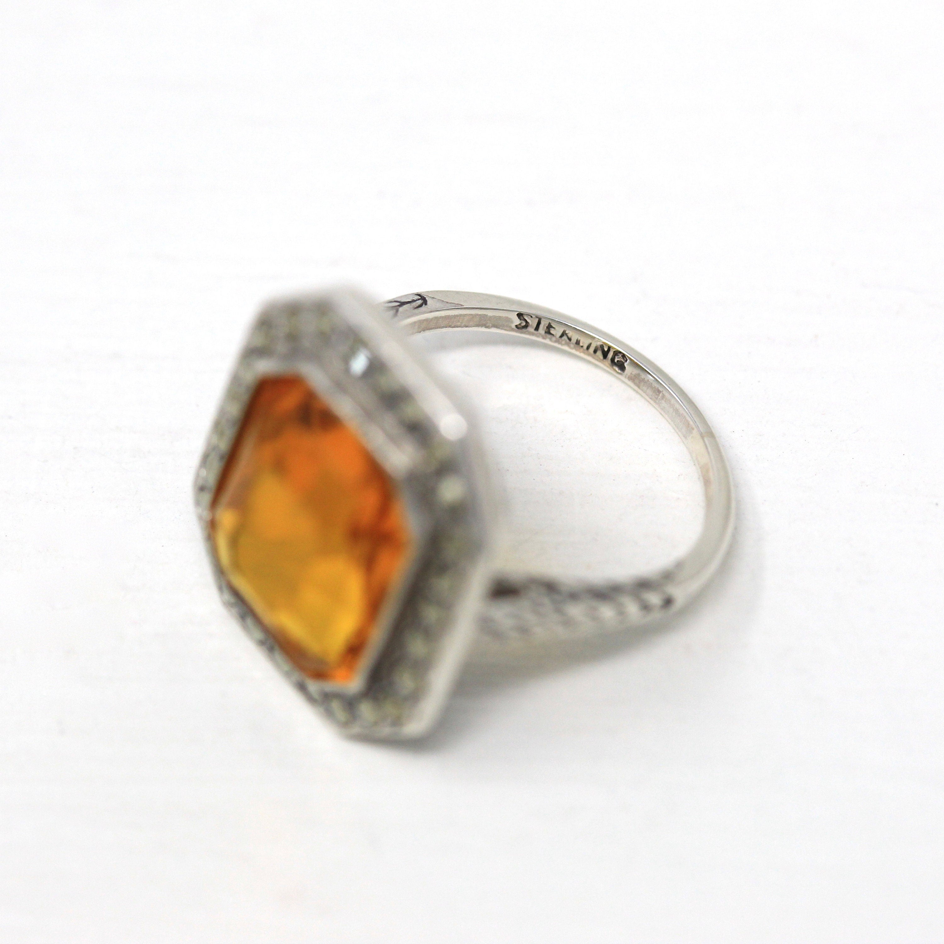 Art Deco Ring - Vintage Sterling Silver Orange Glass Genuine Marcasite - 1930s Era Size 5 Simulated Citrine Shield Style Flapper Jewelry