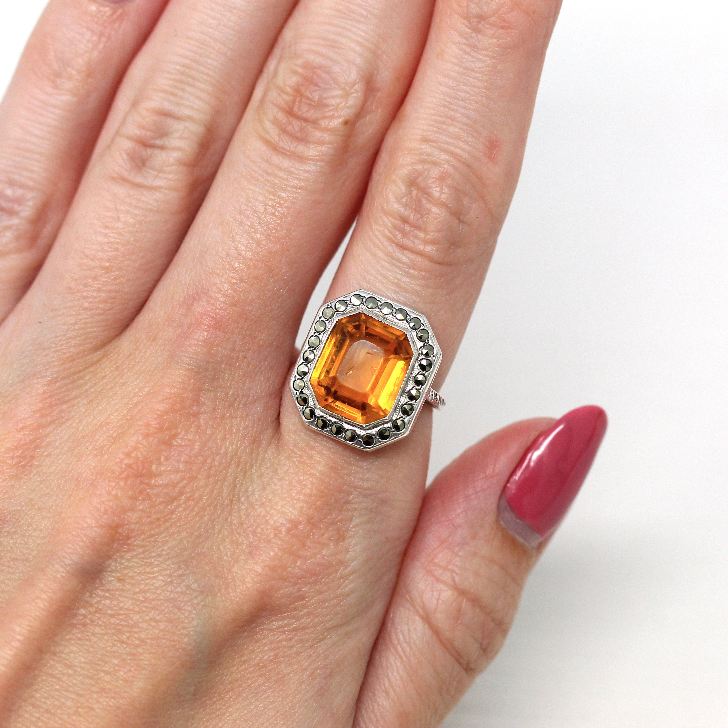 Art Deco Ring - Vintage Sterling Silver Orange Glass Genuine Marcasite - 1930s Era Size 5 Simulated Citrine Shield Style Flapper Jewelry