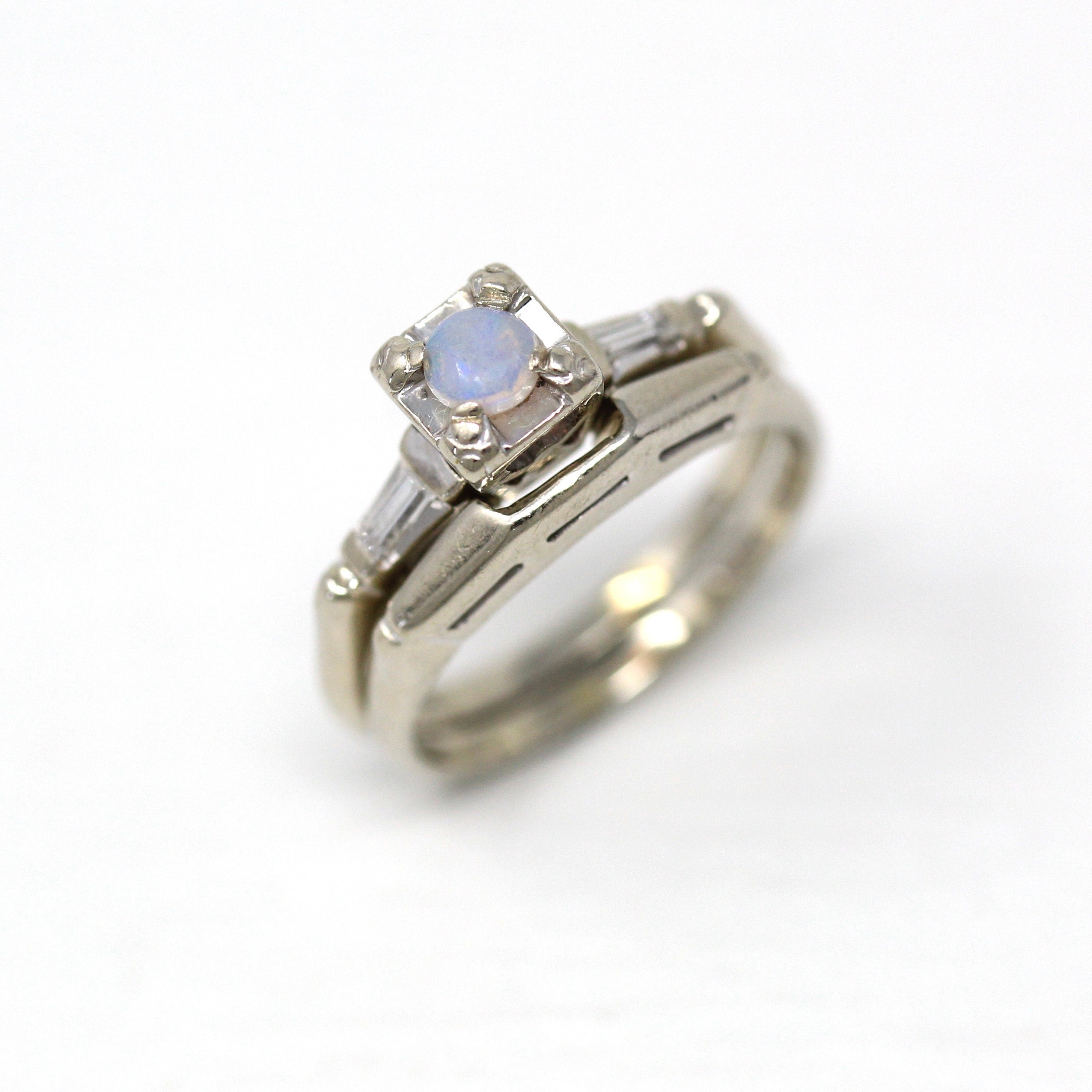 Sale Wedding Ring Set Mid Century 14k White Gold Genuine Opal Diamonds Vintage 1950s Era Size 4 1 2 Engagement Baguette Cut Jewelry