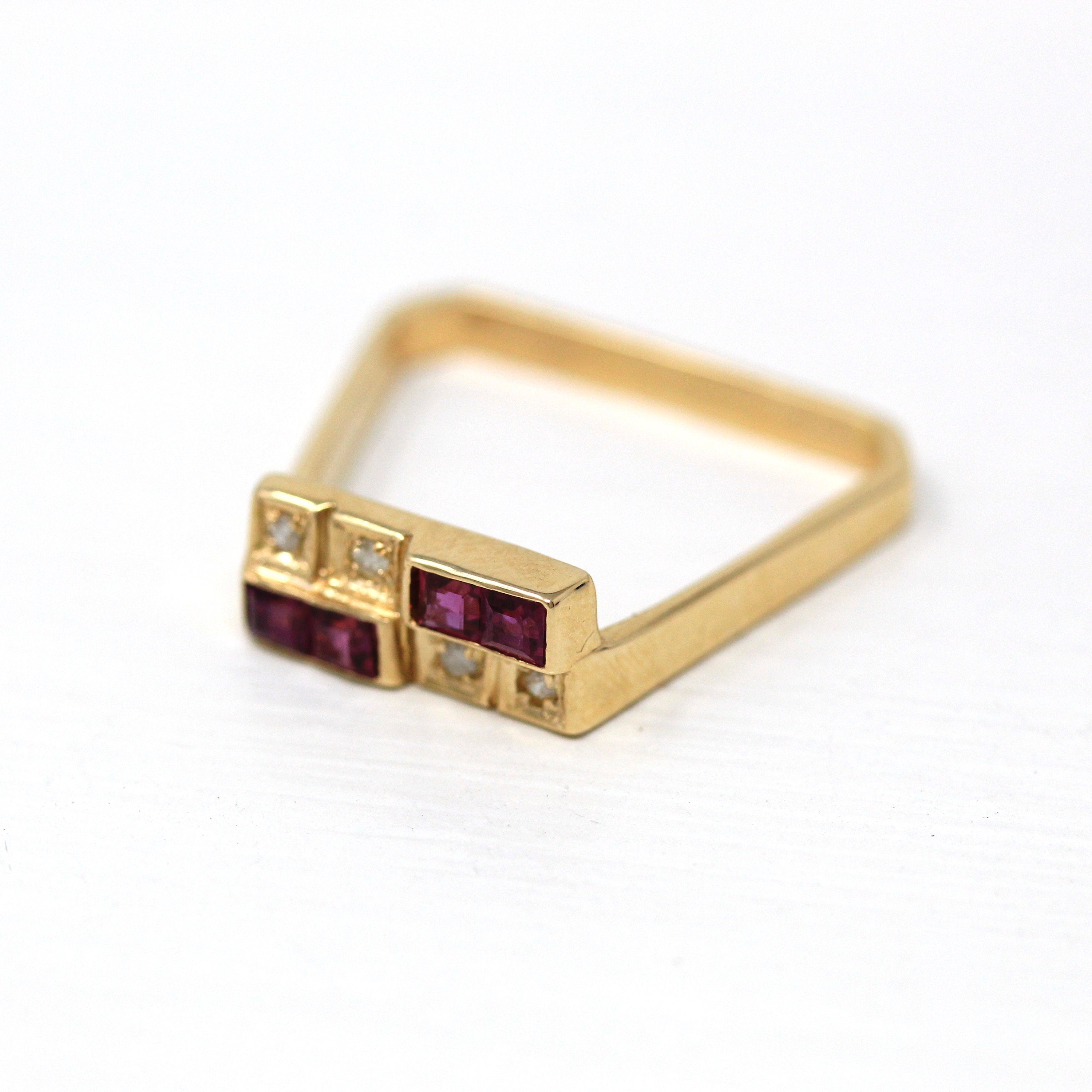 Estate Geometric Ring - 14k Yellow Created Ruby & Genuine Diamond Gemstones - Circa 1990s Era Modernist Style Dainty Size 6.75 Fine Jewelry