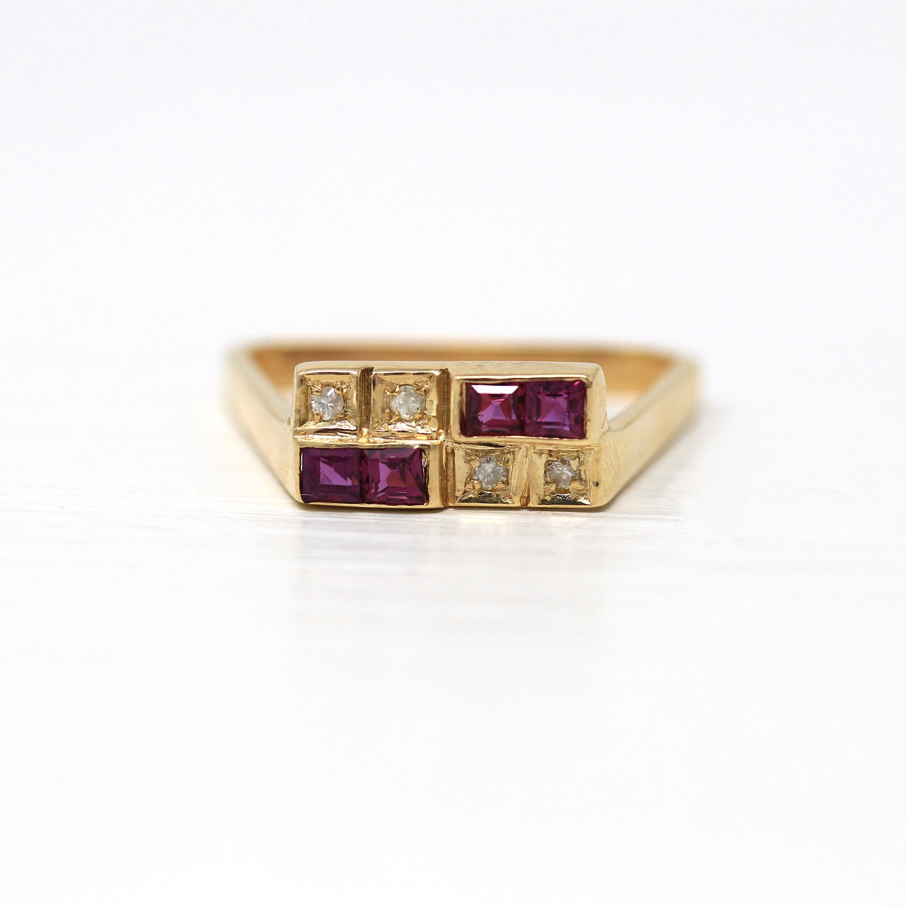 Estate Geometric Ring - 14k Yellow Created Ruby & Genuine Diamond Gemstones - Circa 1990s Era Modernist Style Dainty Size 6.75 Fine Jewelry