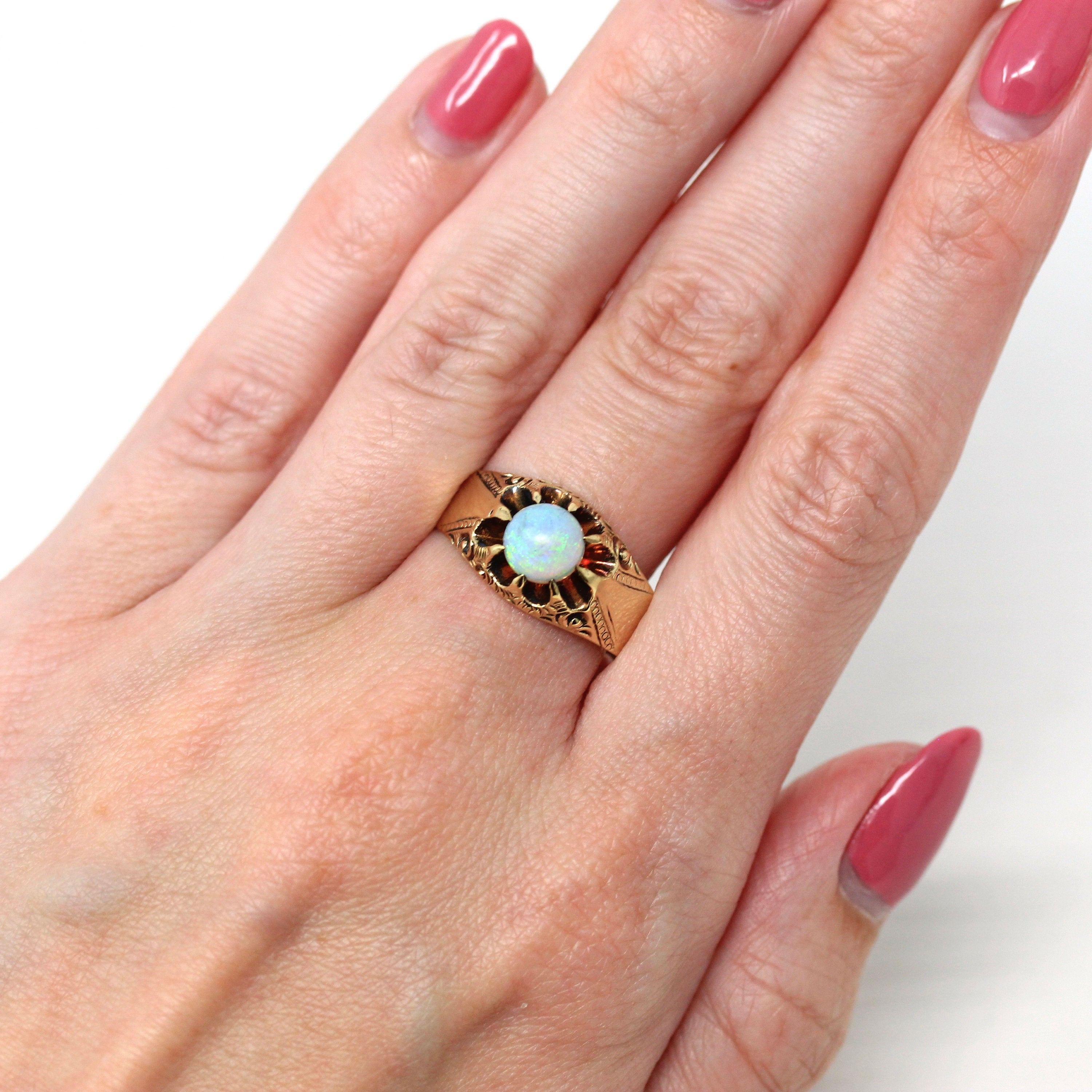 Antique Opal Ring - Edwardian Era 10k Gold Genuine Cabochon Cut 1.08 Ct Gem - Vintage Circa 1900s Era Size 11 3/4 Statement Fine Jewelry