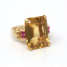 Gemstone Cocktail Ring - Retro 14k Yellow Gold Genuine 12+ CT Citrine & Ruby Gem Statement - Vintage Circa 1940s Size 6 3/4 Fine 40s Jewelry