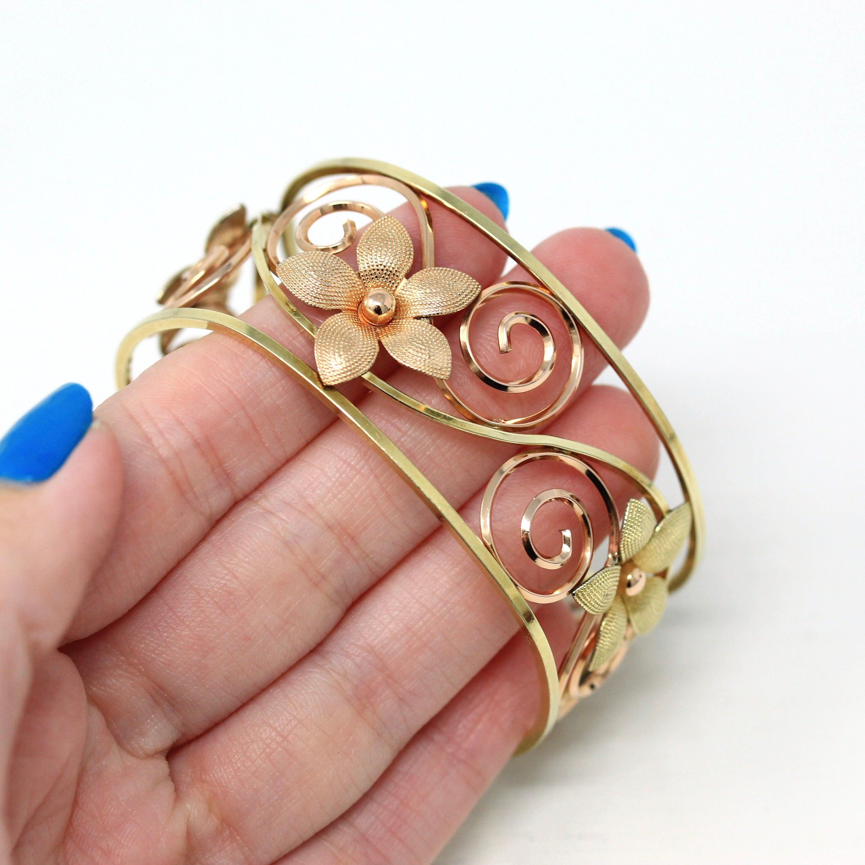 Vintage Cuff Bracelet - Retro Yellow & Rose Gold Filled Two Tone Flower Swirled Designs - Circa 1940s Era Krementz USA Statement 40s Jewelry