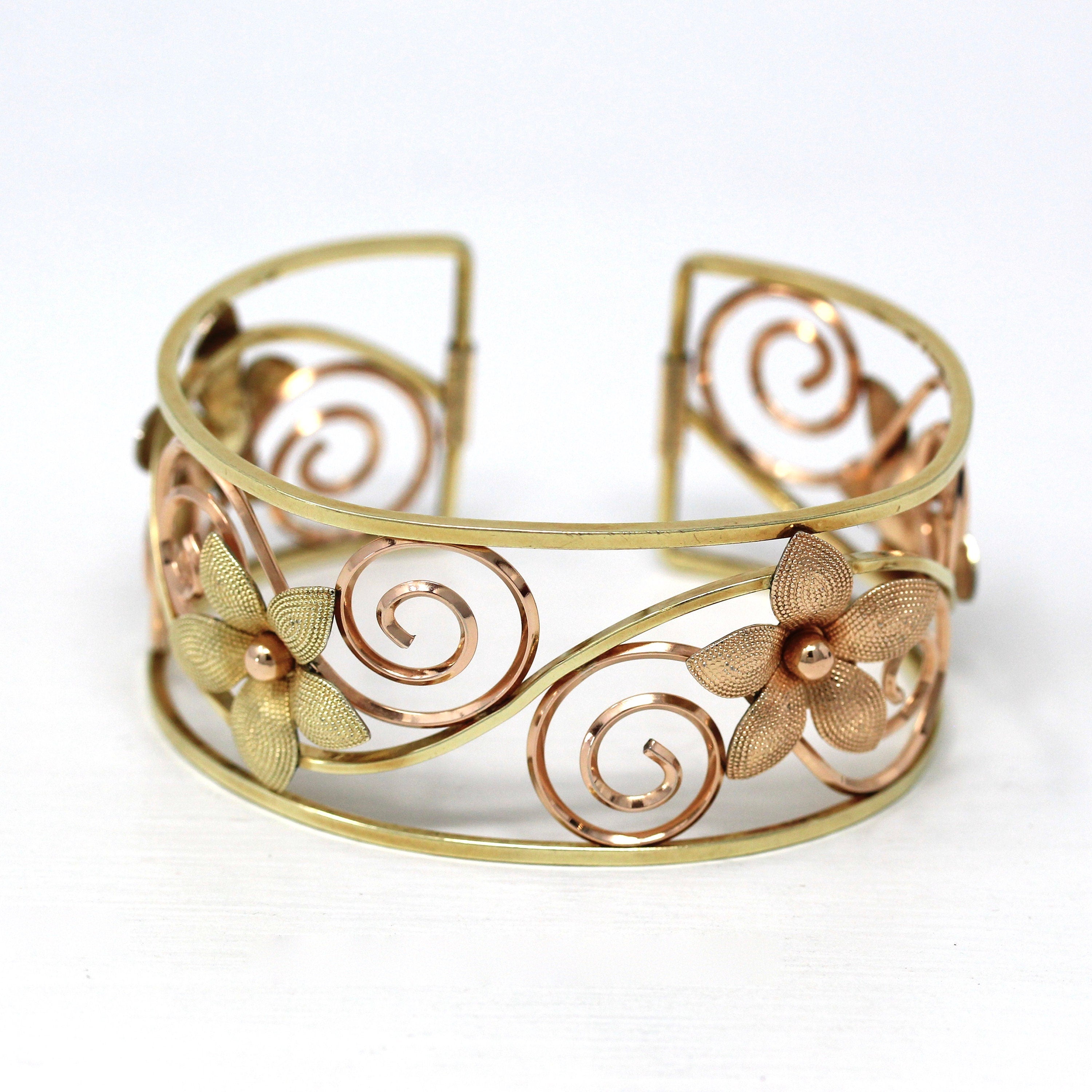 Vintage Cuff Bracelet - Retro Yellow & Rose Gold Filled Two Tone Flower Swirled Designs - Circa 1940s Era Krementz USA Statement 40s Jewelry