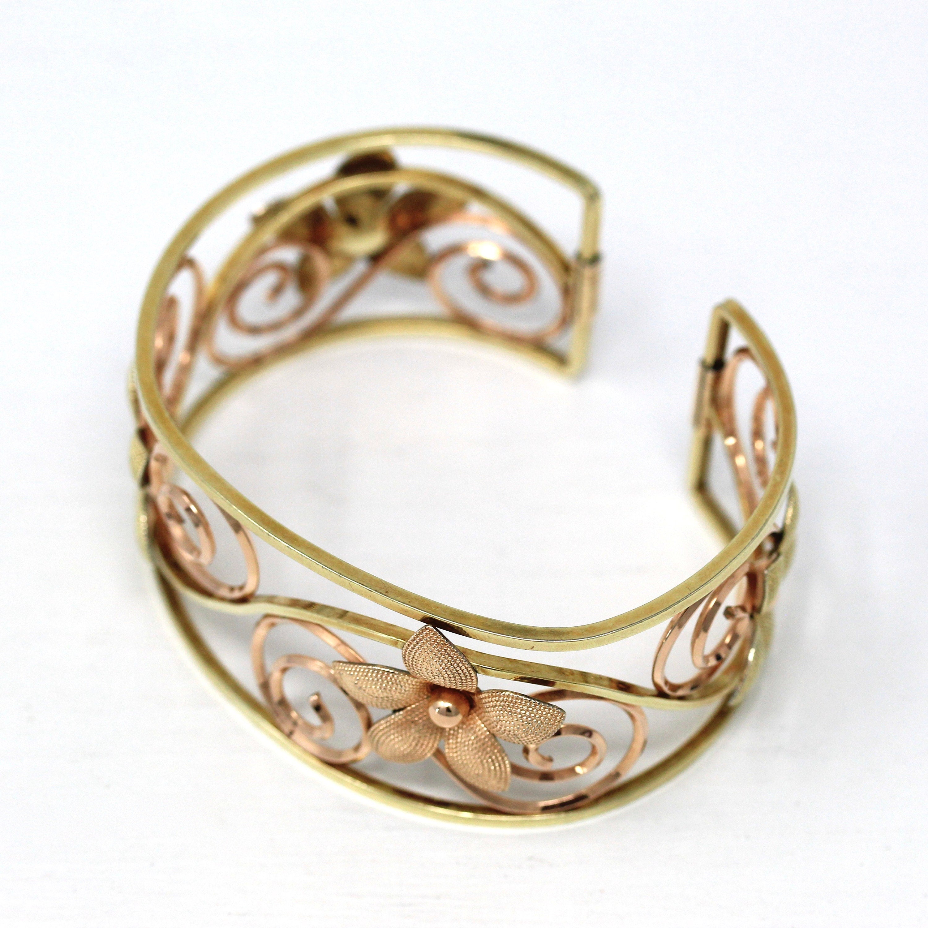 Vintage Cuff Bracelet - Retro Yellow & Rose Gold Filled Two Tone Flower Swirled Designs - Circa 1940s Era Krementz USA Statement 40s Jewelry