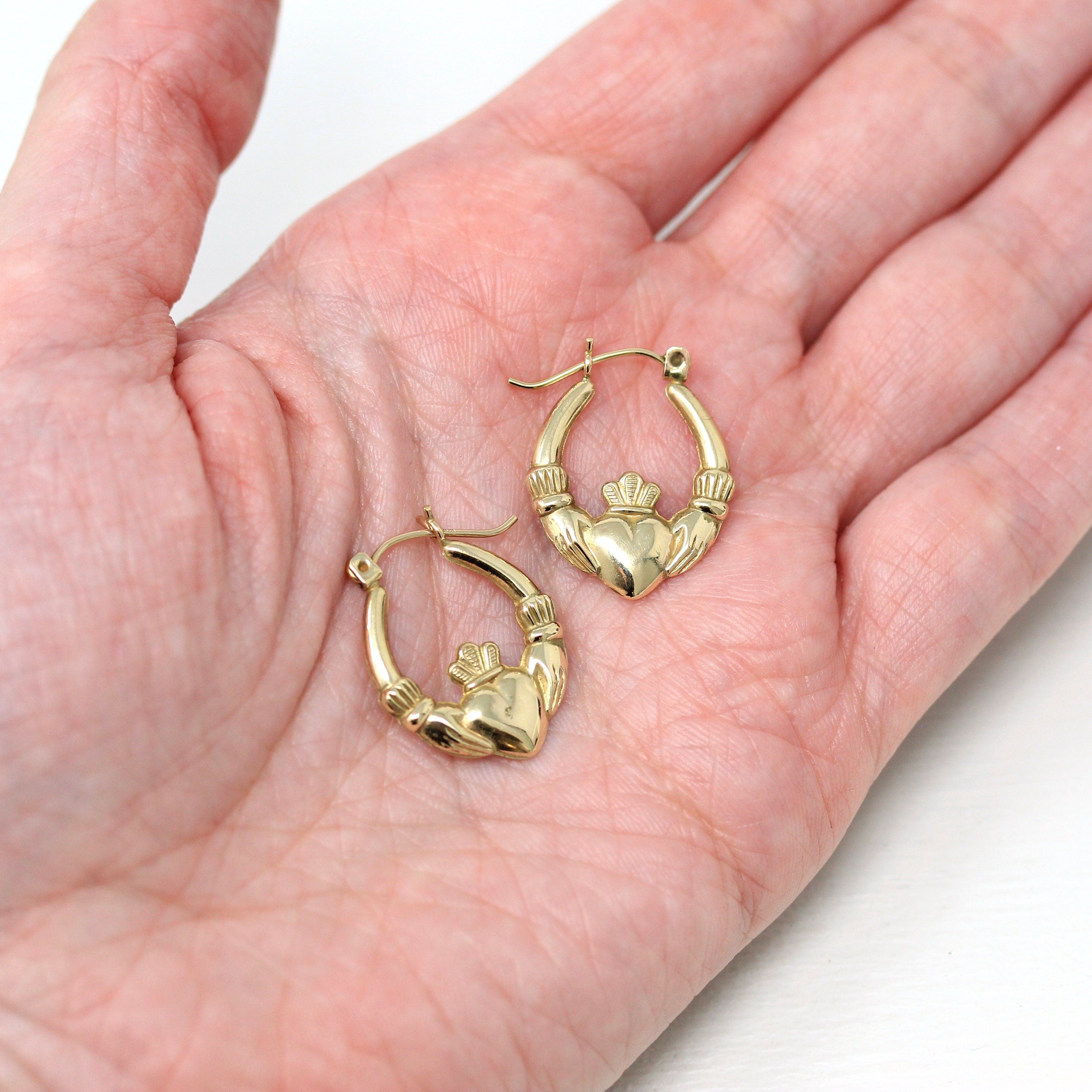 Claddagh Hoop Earrings - Estate 10k Yellow Gold Irish Heart Crown Clasped Hands - Modern Circa 2000s Era Love Loyalty Friendship Y2K Jewelry