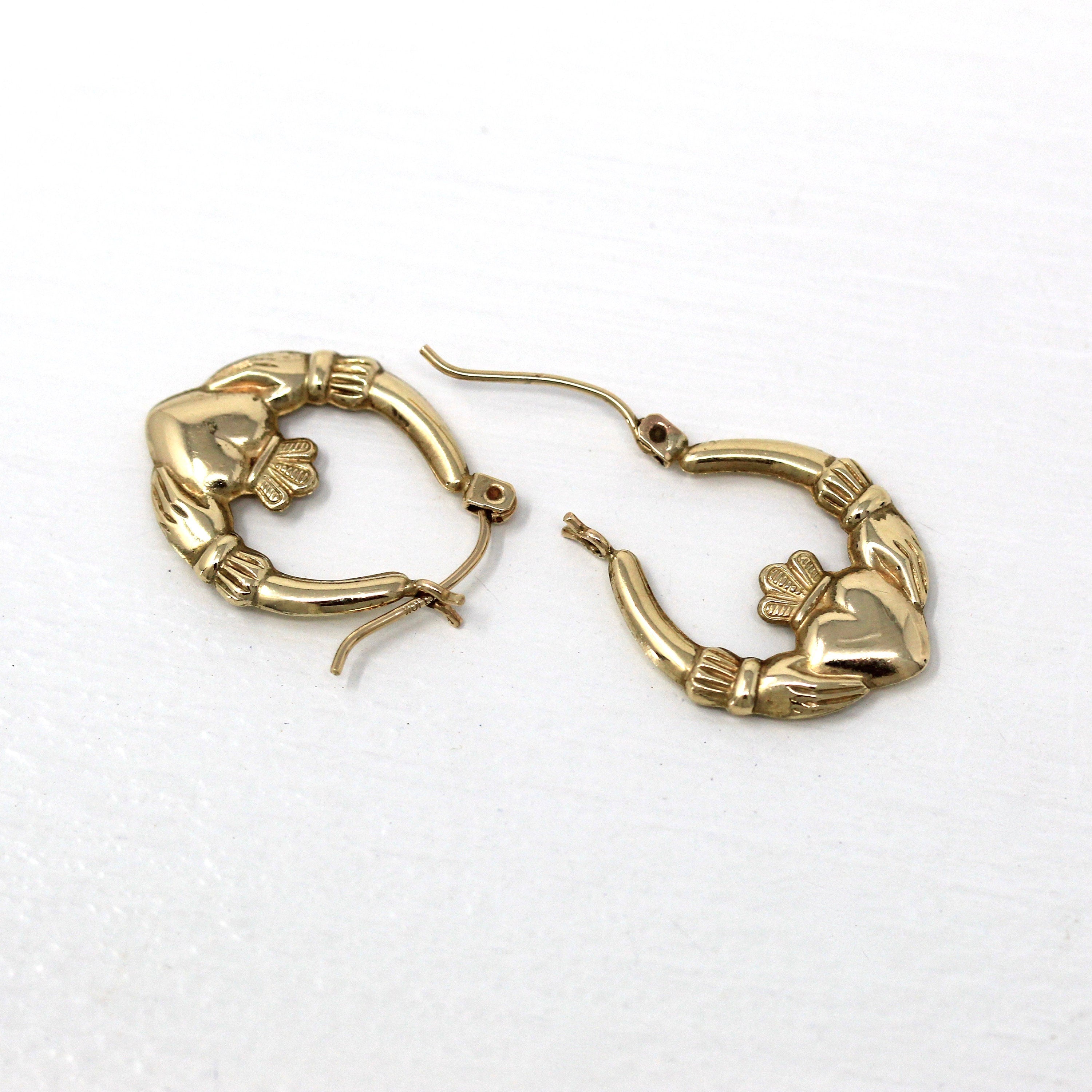 Claddagh Hoop Earrings - Estate 10k Yellow Gold Irish Heart Crown Clasped Hands - Modern Circa 2000s Era Love Loyalty Friendship Y2K Jewelry