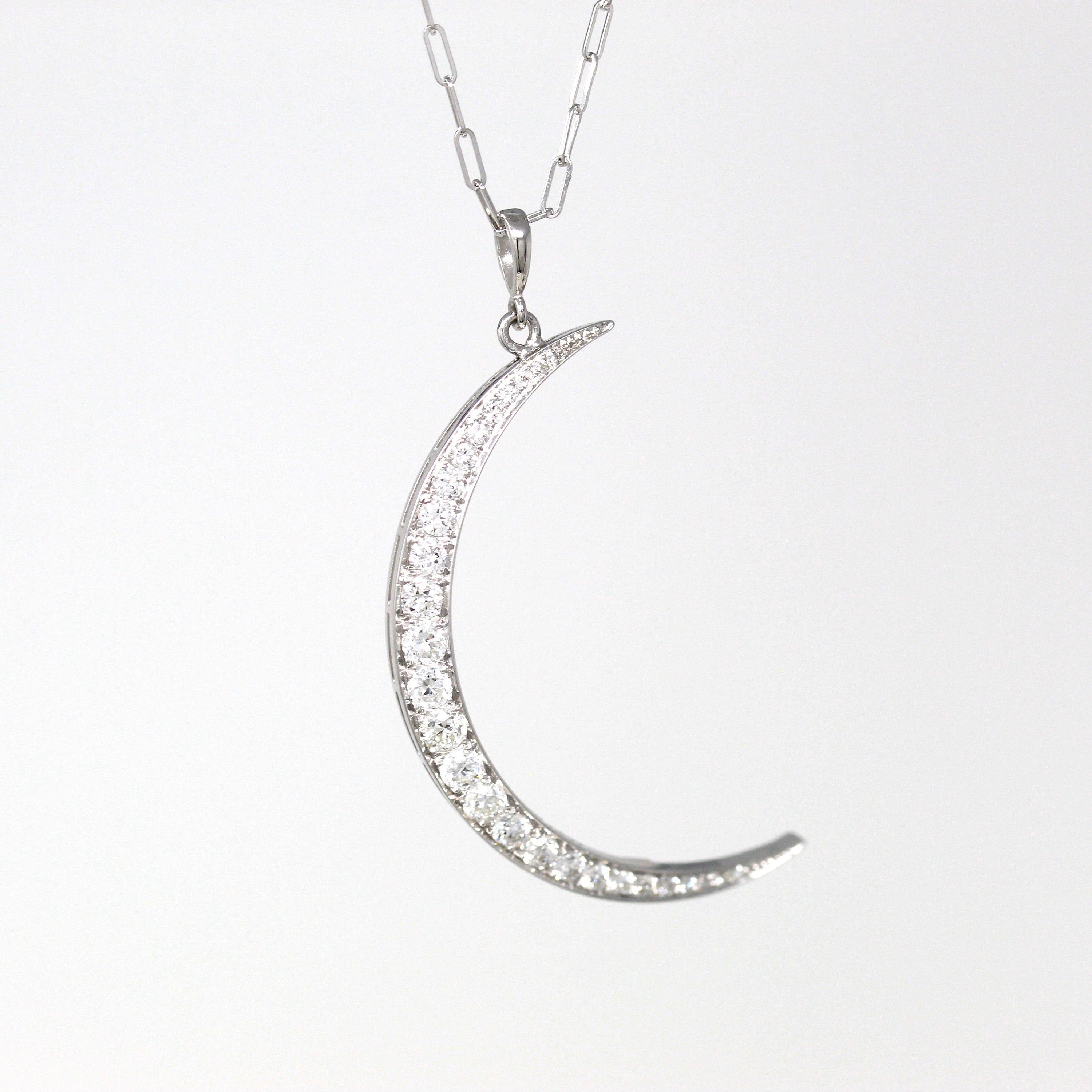 Crescent Moon Necklace - Edwardian Platinum 1.14 ctw Diamond Conversion Pendant - Antique Circa 1910s Era Celestial Gem Fine Rare Jewelry