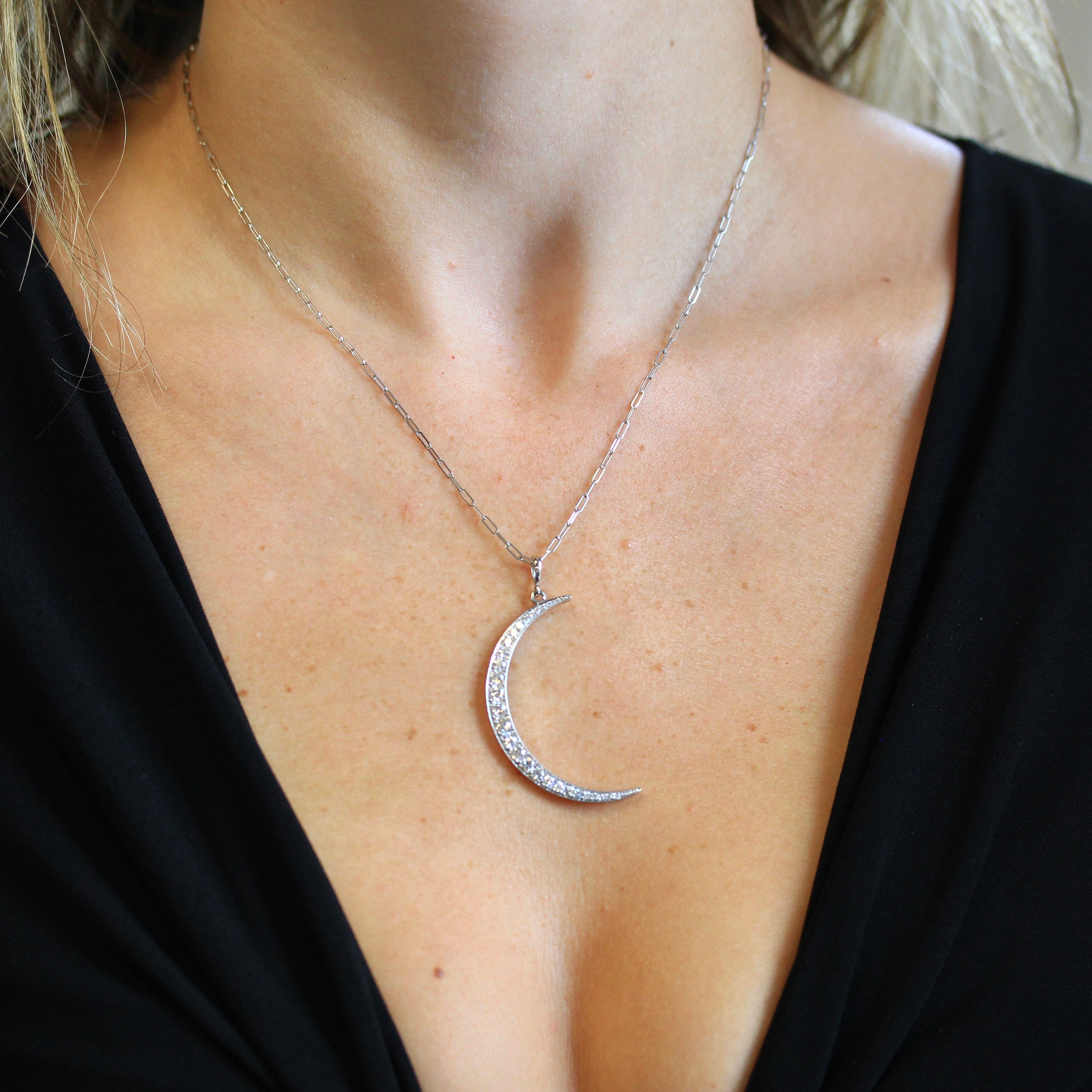 Crescent Moon Necklace - Edwardian Platinum 1.14 ctw Diamond Conversion Pendant - Antique Circa 1910s Era Celestial Gem Fine Rare Jewelry