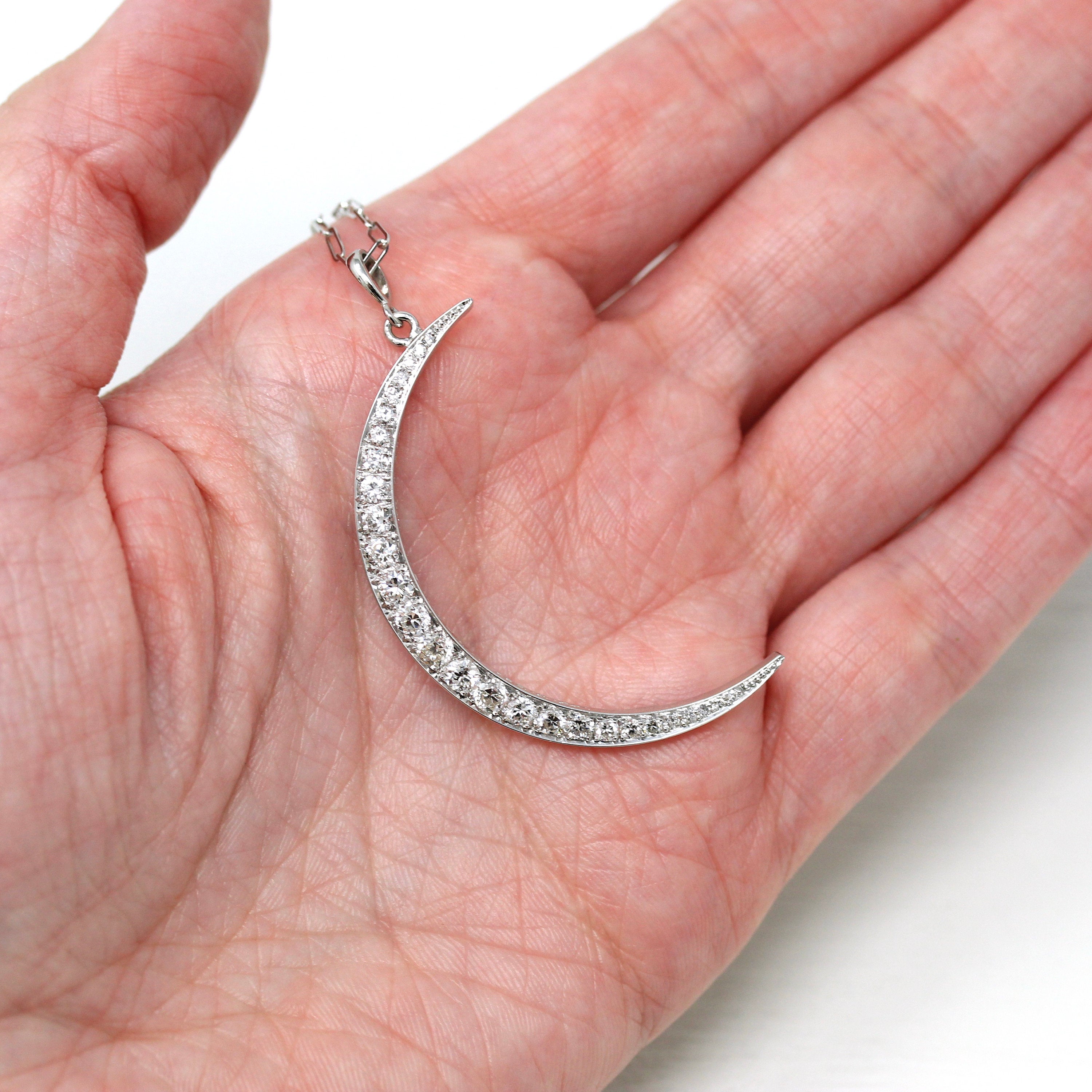 Crescent Moon Necklace - Edwardian Platinum 1.14 ctw Diamond Conversion Pendant - Antique Circa 1910s Era Celestial Gem Fine Rare Jewelry