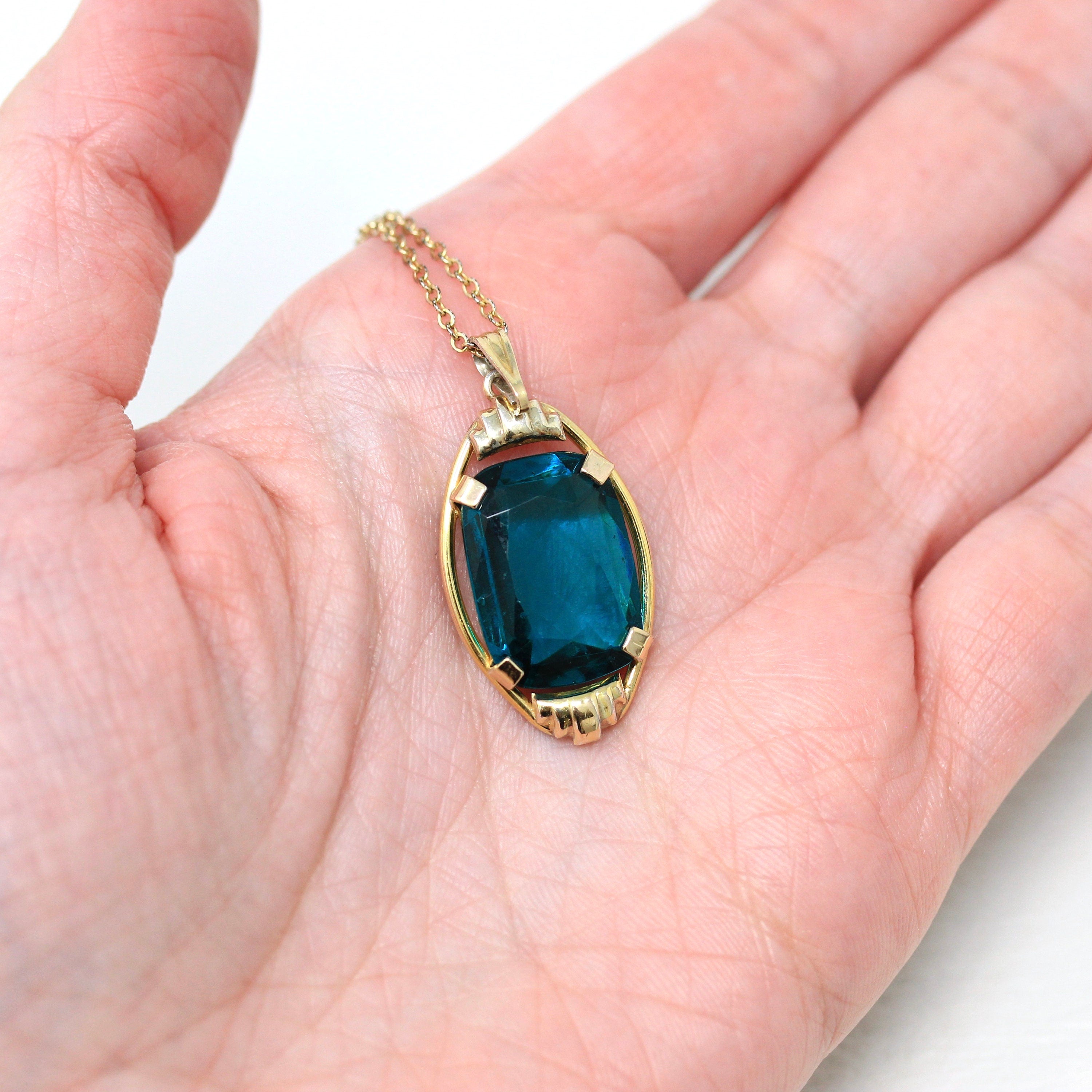 Vintage Glass Pendant - Retro 10k Gold Filled Dark Green Blue Teal Stone Necklace - Circa 1940s Era Statement Fashion Accessory 40s Jewelry