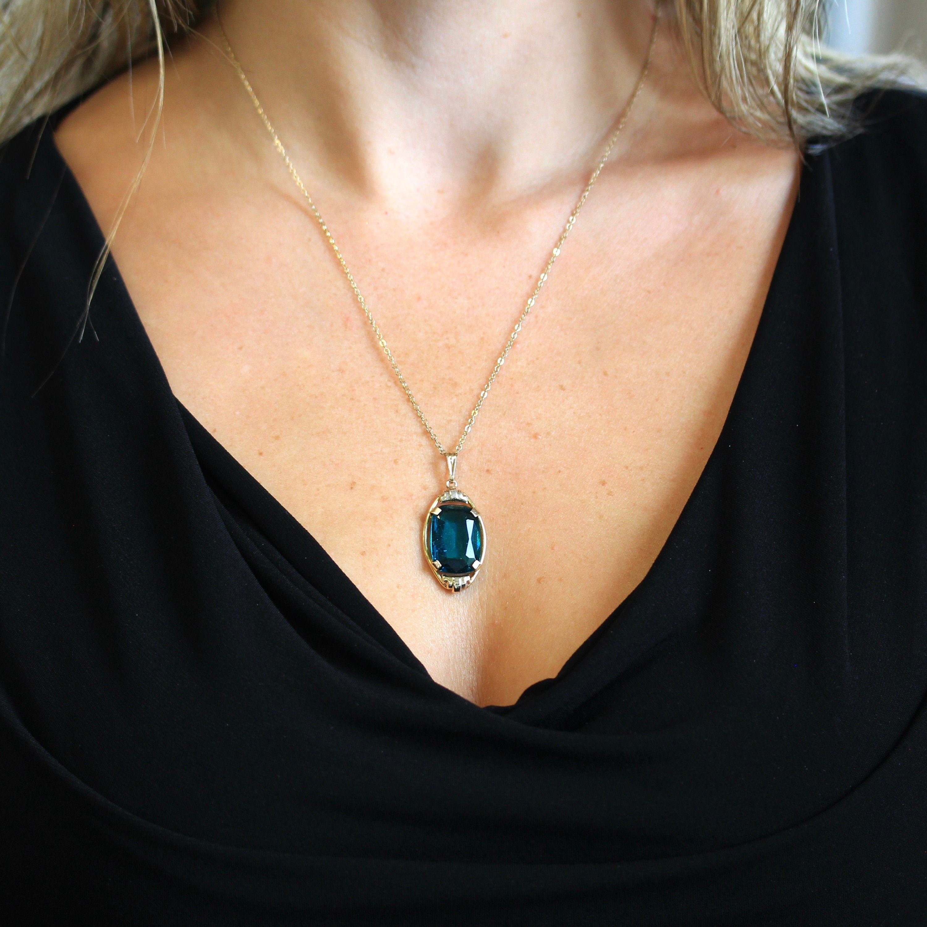 Vintage Glass Pendant - Retro 10k Gold Filled Dark Green Blue Teal Stone Necklace - Circa 1940s Era Statement Fashion Accessory 40s Jewelry