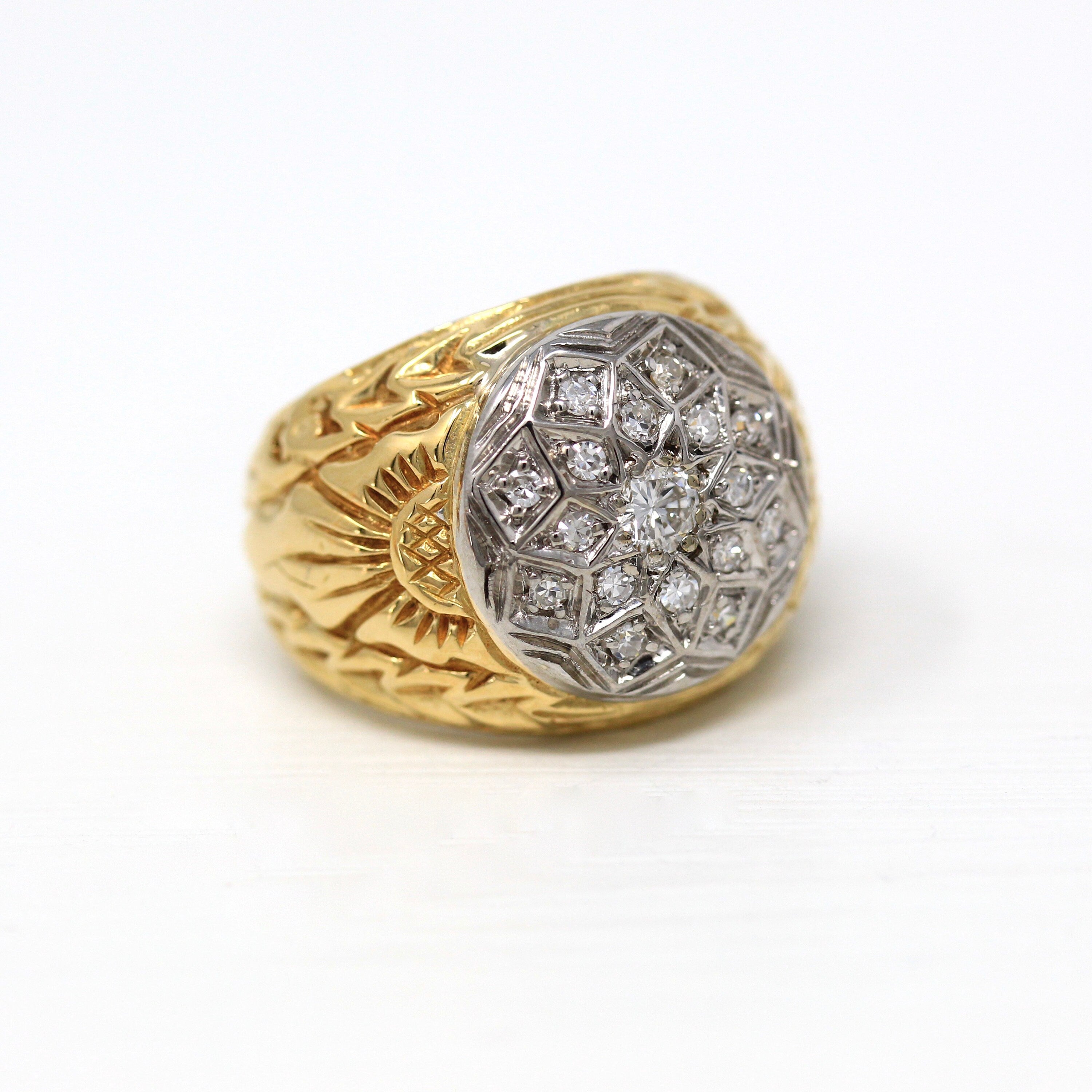 Retro Statement Ring- Vintage 18k Yellow & White Gold Genuine Diamond Gemstones .34 CTW Band - Circa 1970s Size 8 Floral Design Fine Jewelry