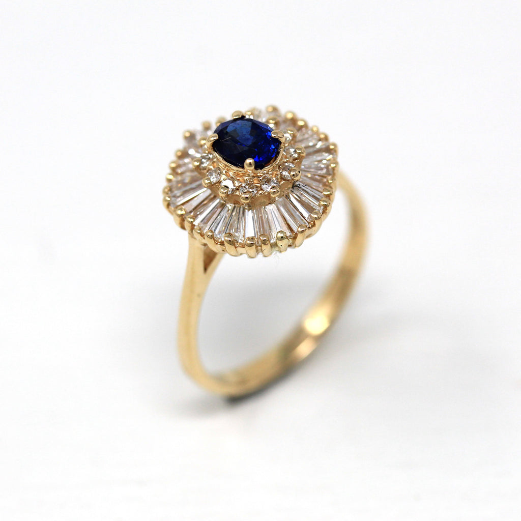 Created Sapphire Ballerina Ring - Estate 14k Yellow Gold .55 Carat Blue Oval Gem Baguette Halo - Cocktail Statement Engagement Fine Jewelry