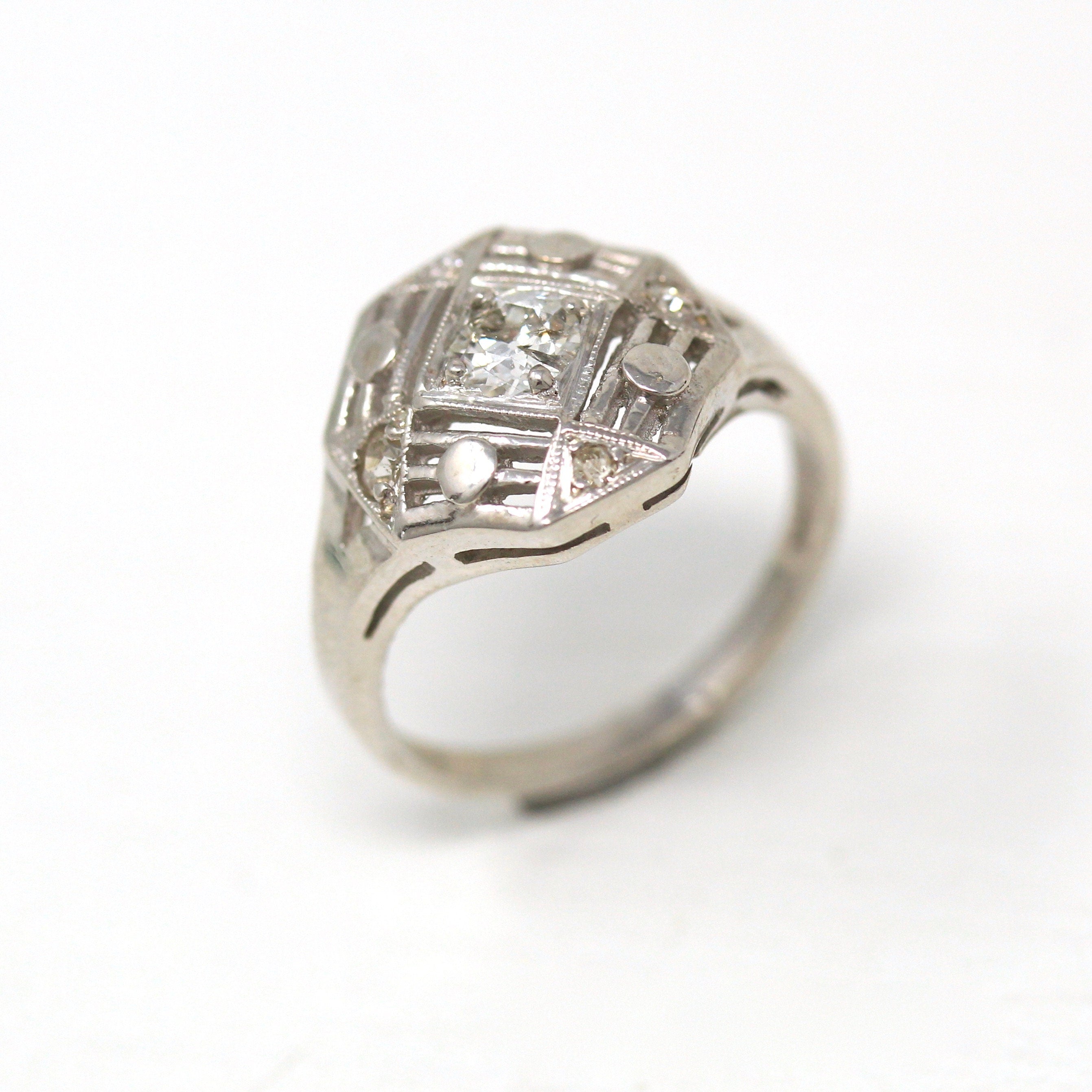 Vintage Engagement Ring - Art Deco Era 14k White Gold Old European Cut .33 CTW Diamond Statement - 1930s Size 3 1/4 Bridal 30s Fine Jewelry